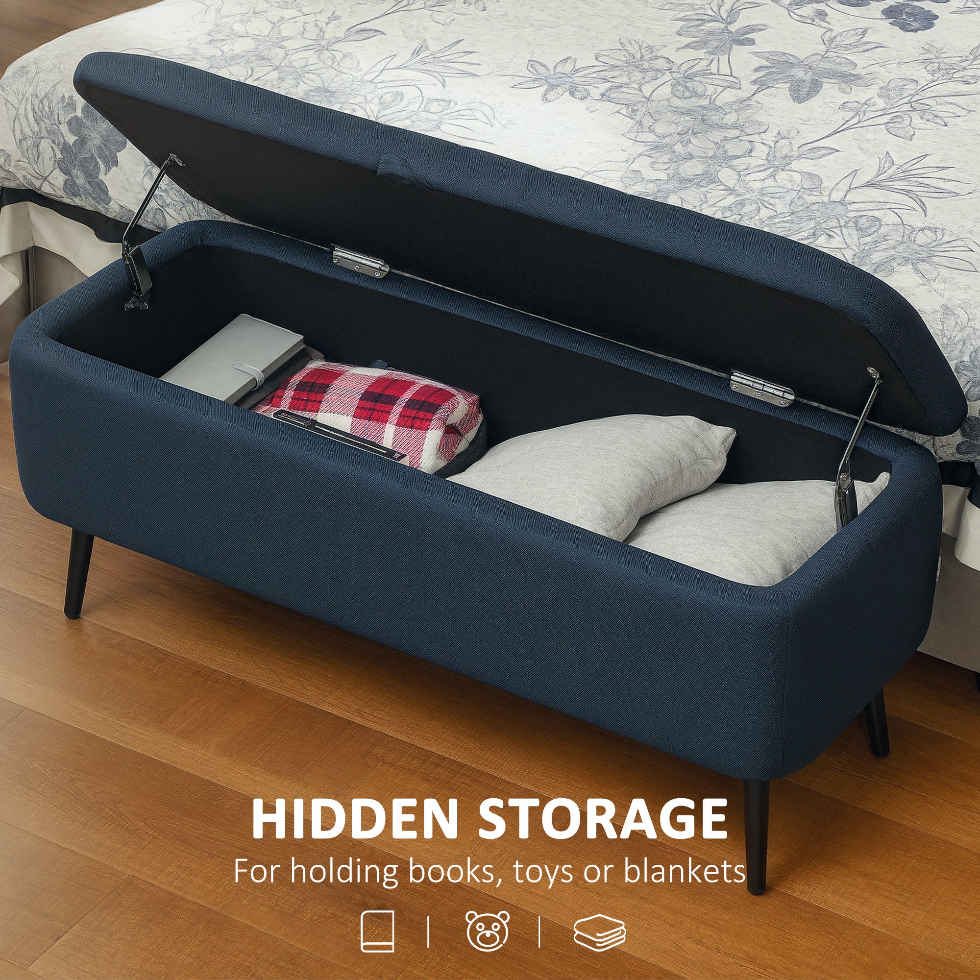 HOMCOM Storage Ottoman Bench, Linen Fabric Footstool With Steel Legs - Image 3