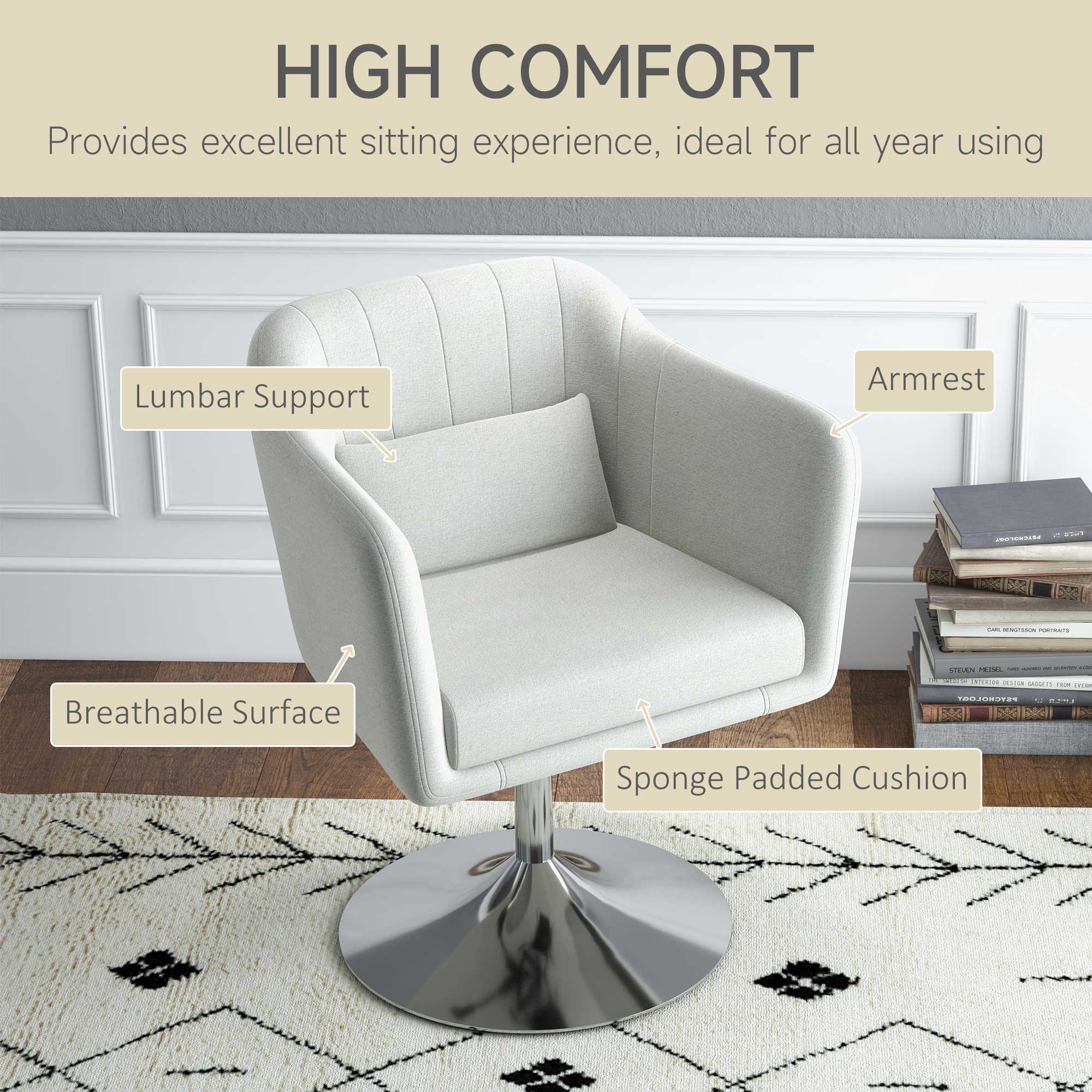 HOMCOM Stylish Retro Linen Swivel Tub Chair Steel Frame Cushion Seat Cream Whit - Image 6