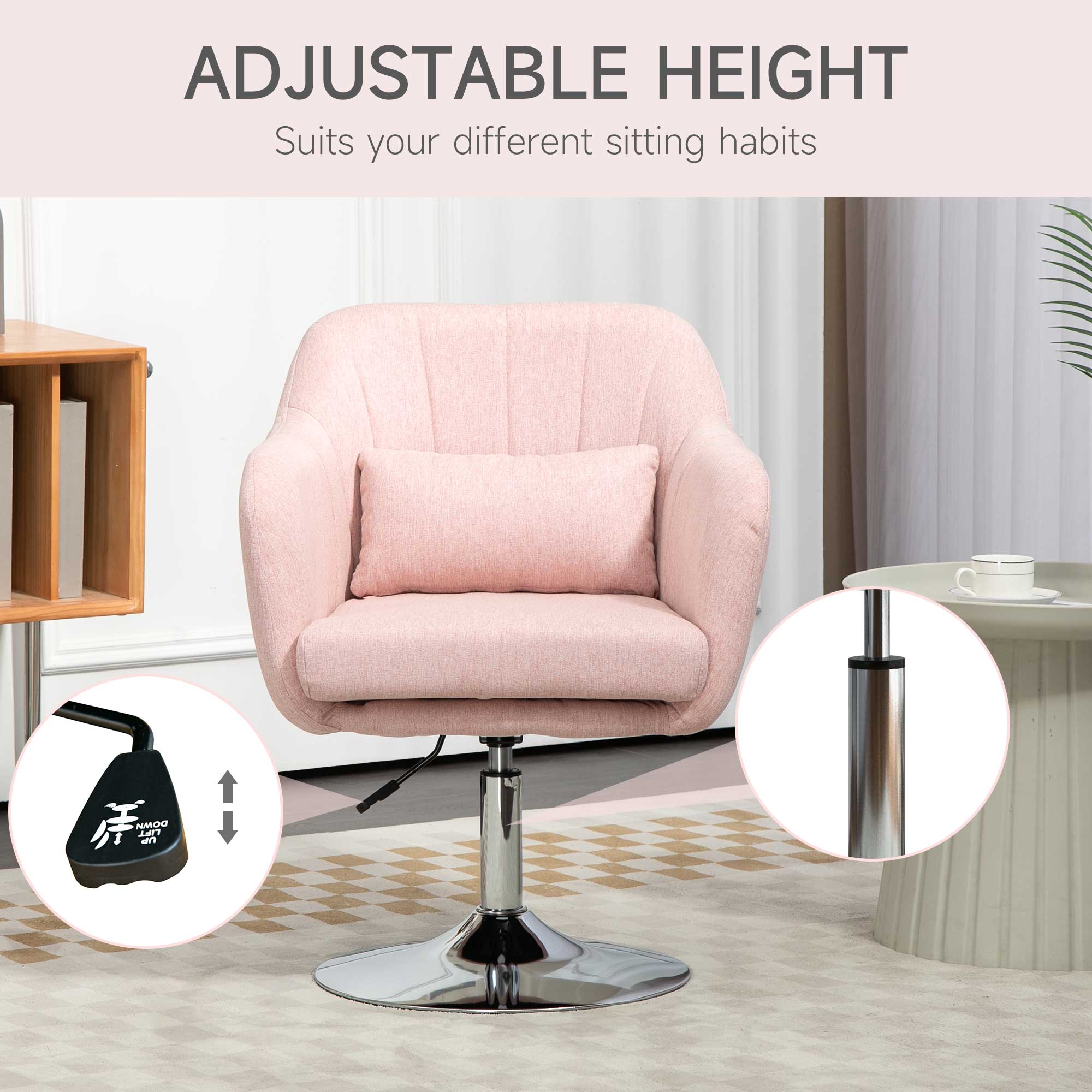 HOMCOM Stylish Retro Linen Swivel Tub Chair Steel Frame Cushion Seat Pink - Image 4
