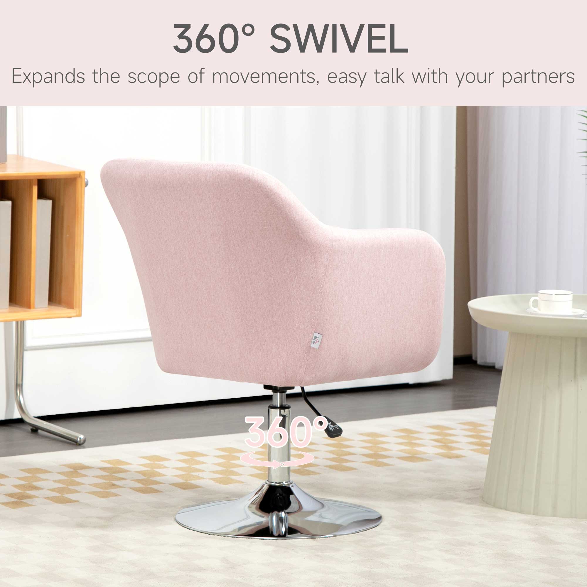 HOMCOM Stylish Retro Linen Swivel Tub Chair Steel Frame Cushion Seat Pink - Image 5