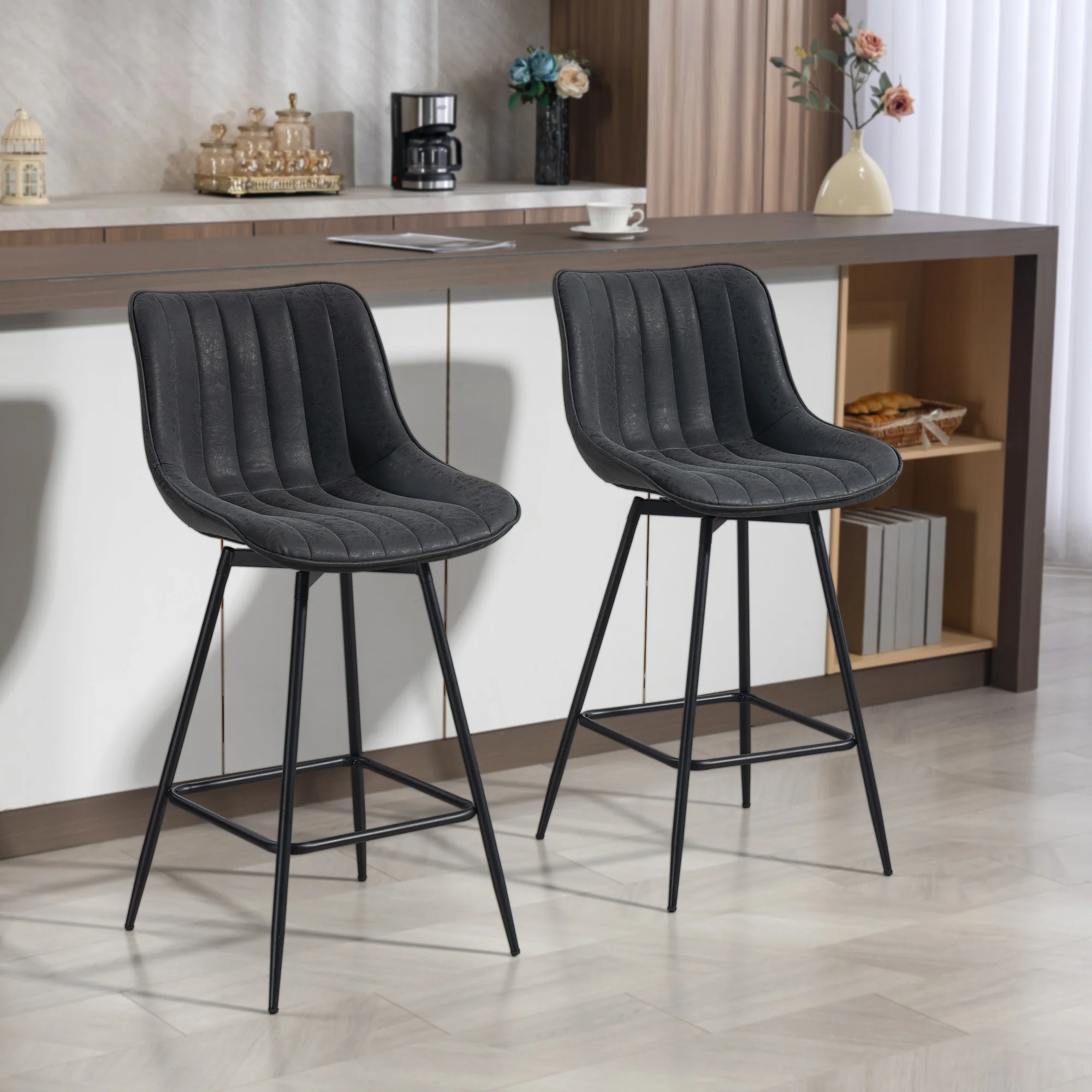 HOMCOM Swivel Bar Stools Set of 2, PU Leather Upholstered Bar Chairs, Black - Image 2