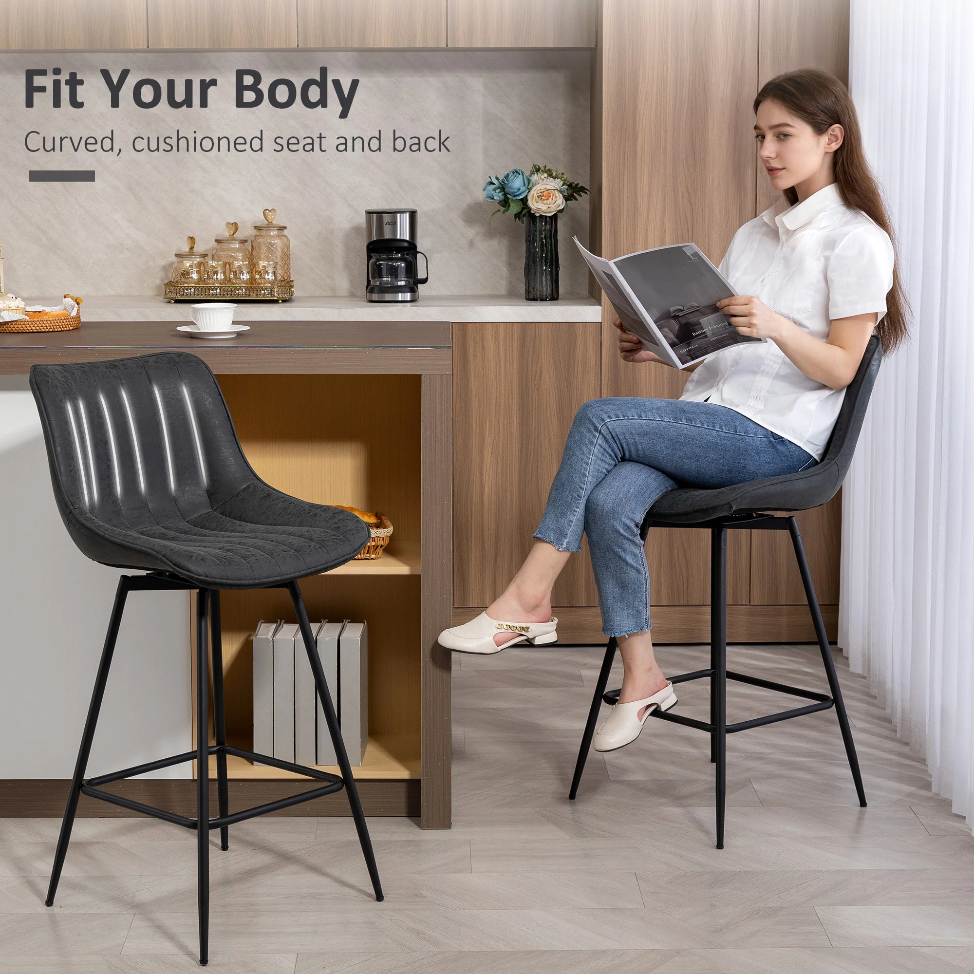 HOMCOM Swivel Bar Stools Set of 2, PU Leather Upholstered Bar Chairs, Black - Image 6