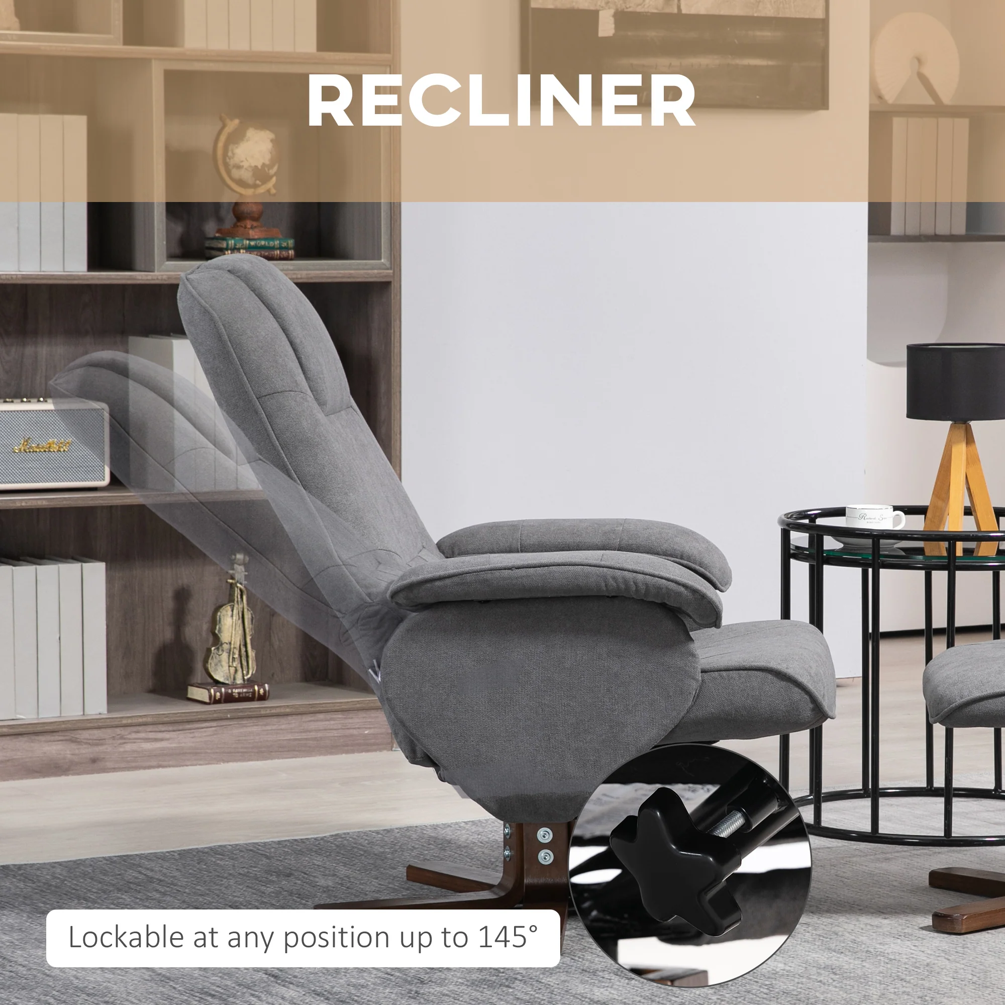 HOMCOM Swivel Recliner Chair and Footstool Linen-touch Fabric Wooden Base, Grey - Image 3