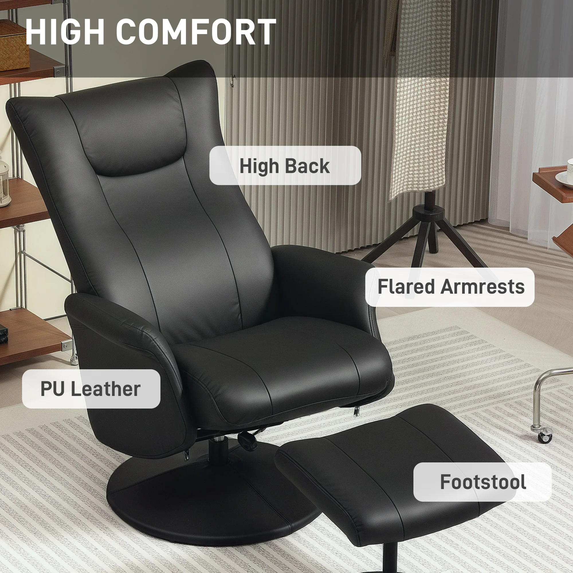 HOMCOM Swivel Recliner Chair with Footstool and Adjustable Back, Black - Image 4