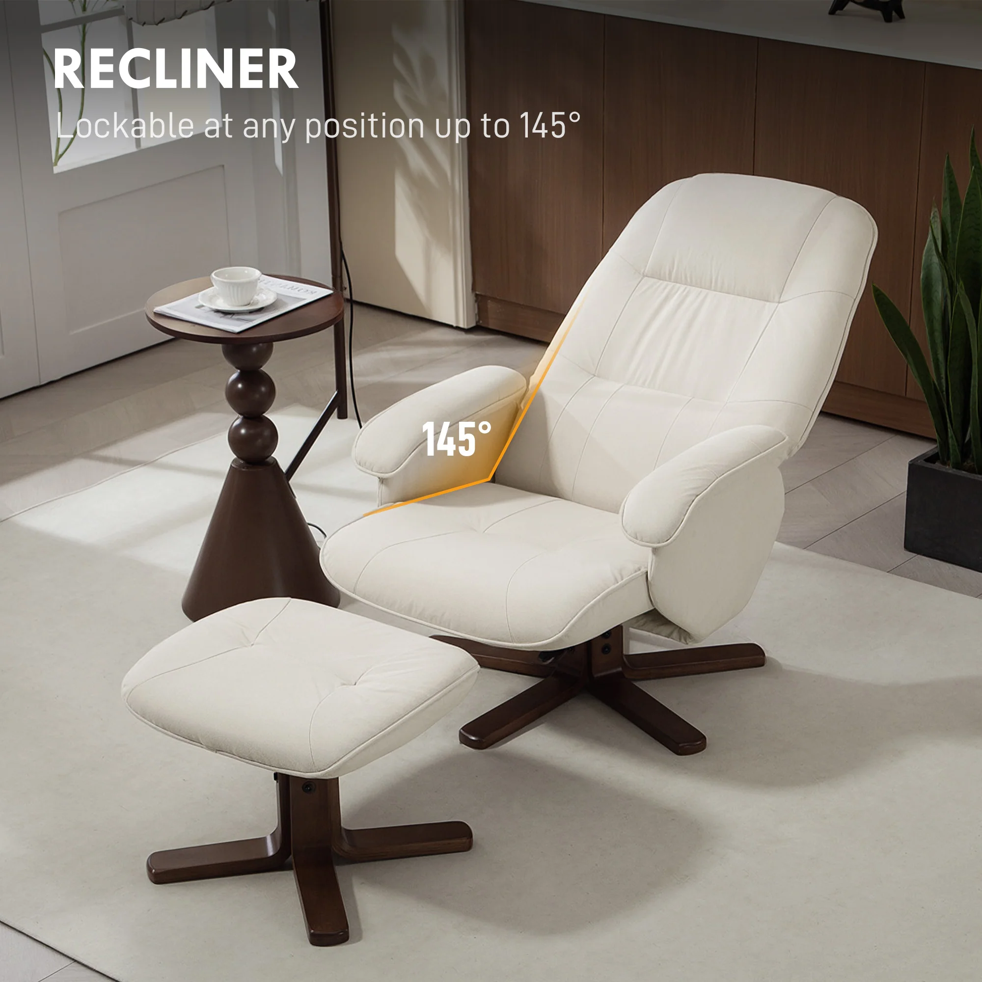 HOMCOM Swivel Recliner Chair With Footstool And Wooden Base, Beige - Image 3