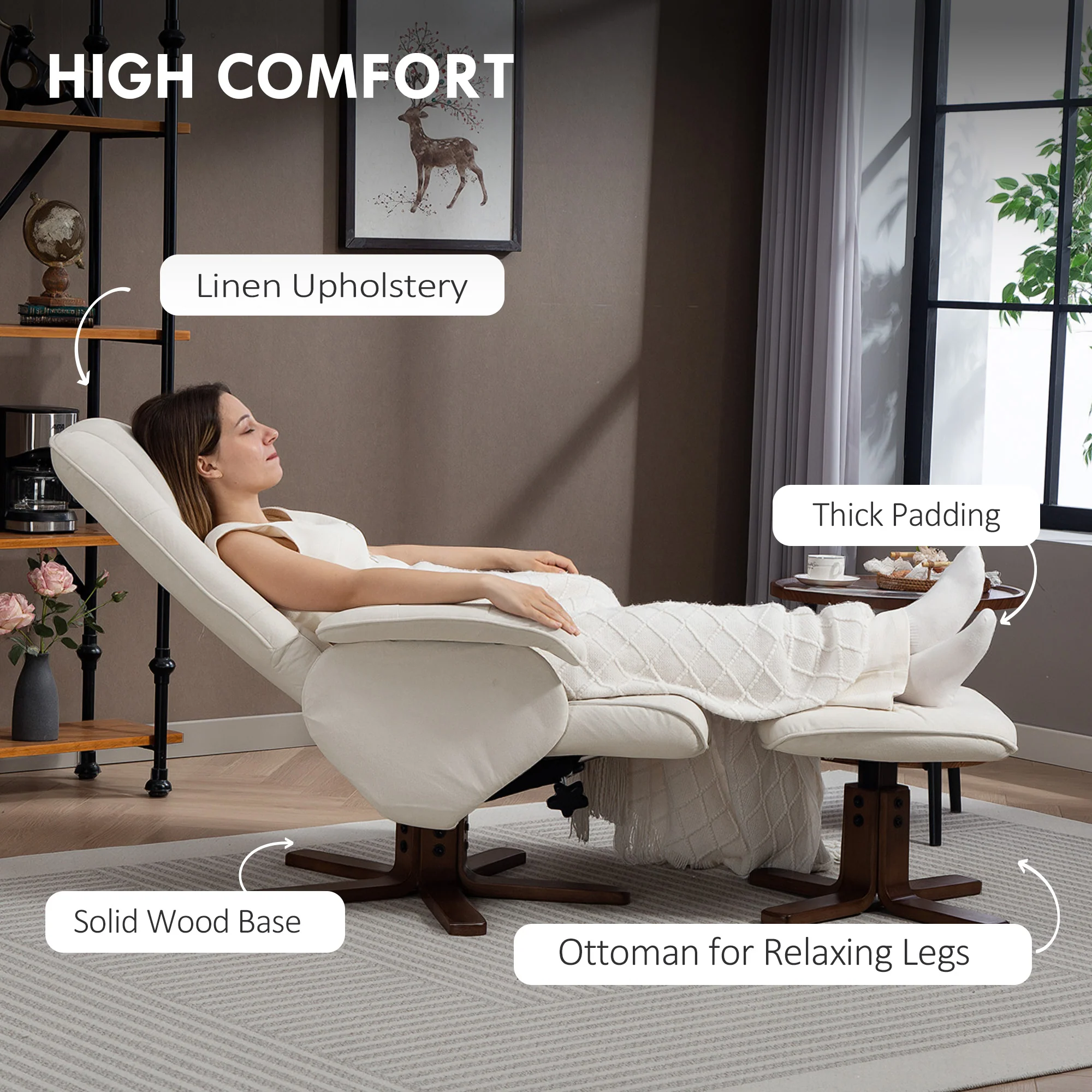 HOMCOM Swivel Recliner Chair With Footstool And Wooden Base, Beige - Image 6