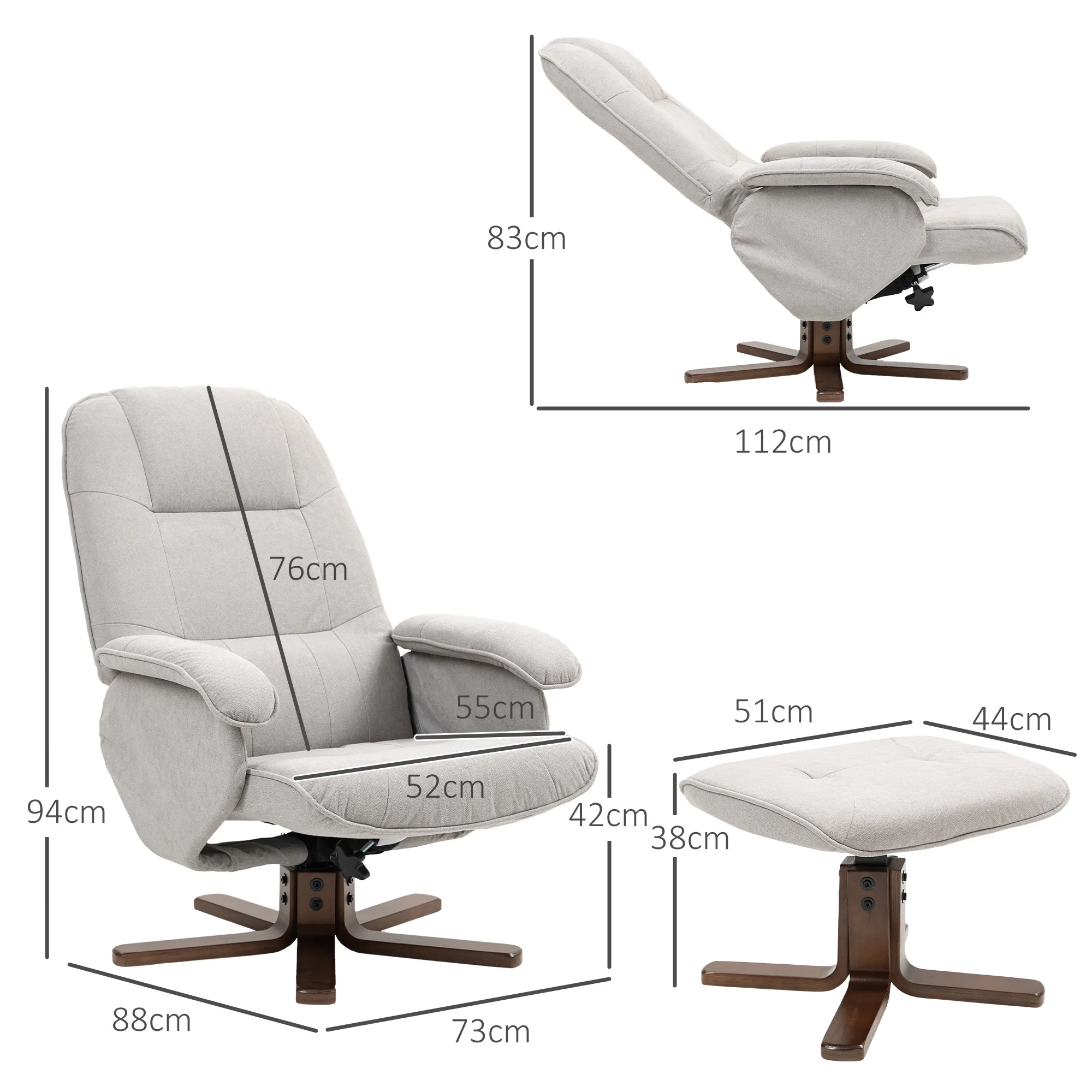 HOMCOM Swivel Recliner Chair with Footstool and Wooden Base, Light Grey - Image 5