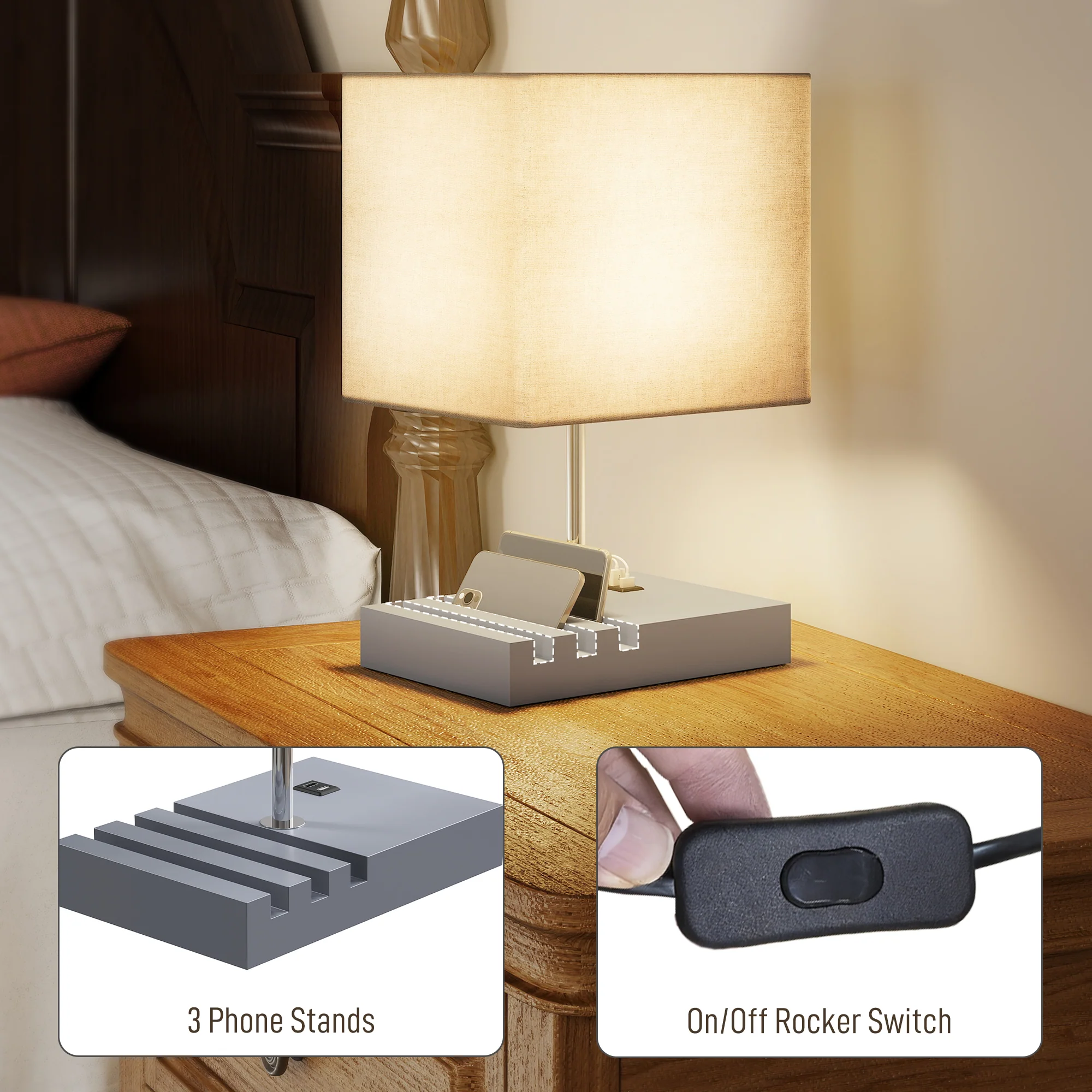 HOMCOM Table Lamp with 3 Slots, Bedside Lamp with Solid Wood Base, Grey - Image 4