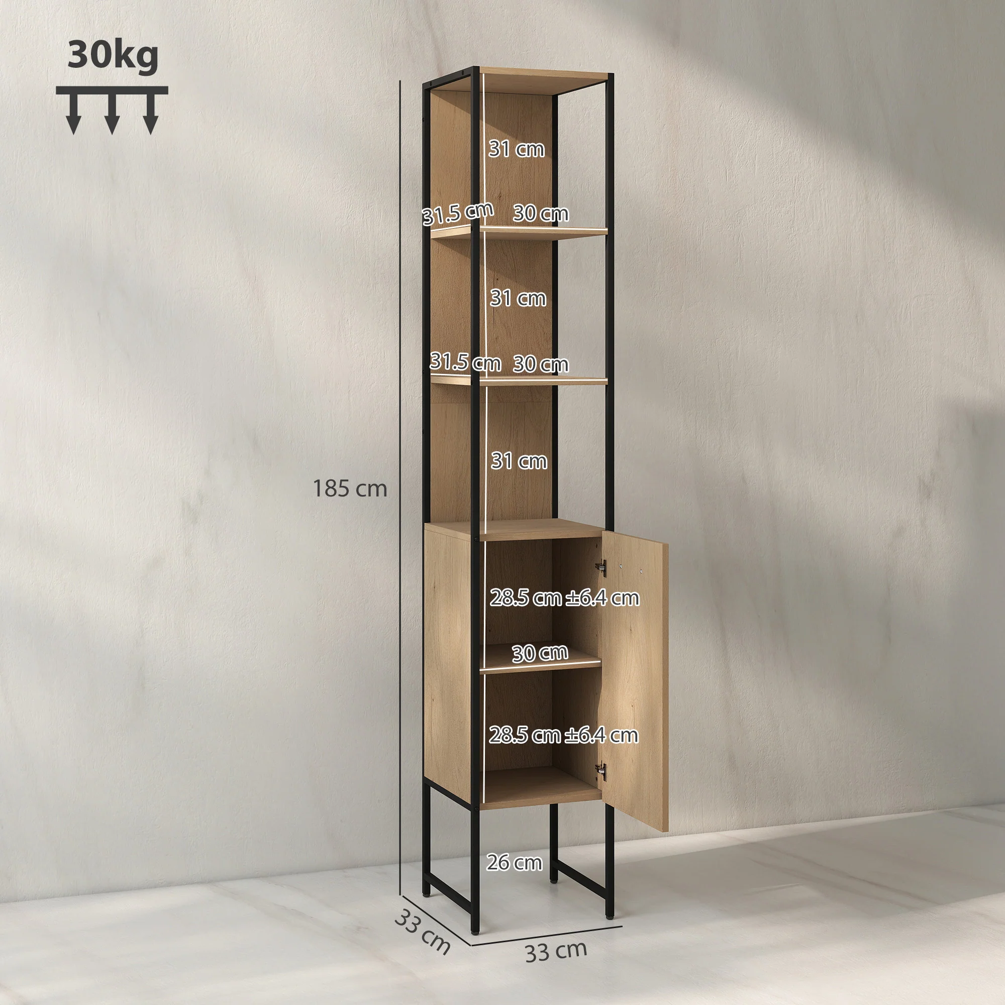 HOMCOM Tall Bathroom Cabinet with 3 Open Shelves Adjustable Shelf - Image 14