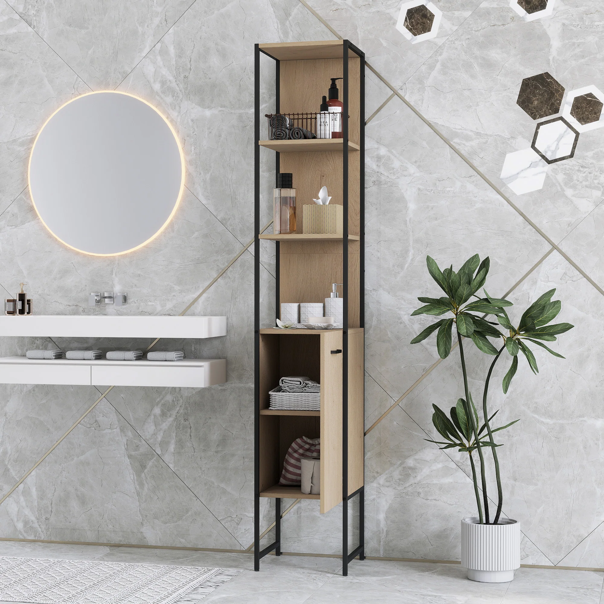 HOMCOM Tall Bathroom Cabinet with 3 Open Shelves Adjustable Shelf - Image 18