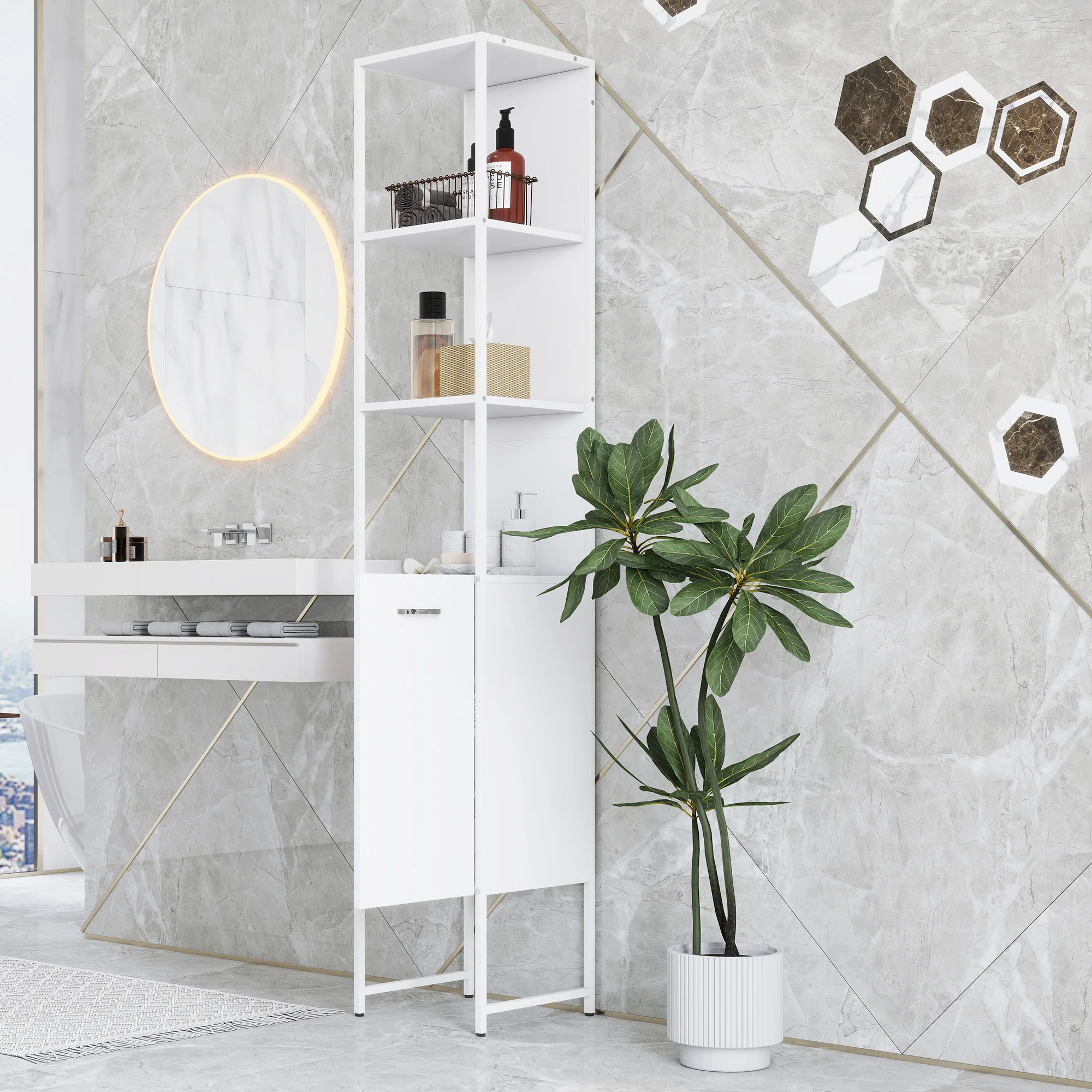 HOMCOM Tall Bathroom Cabinet with 3 Open Shelves Adjustable Shelf - Image 9