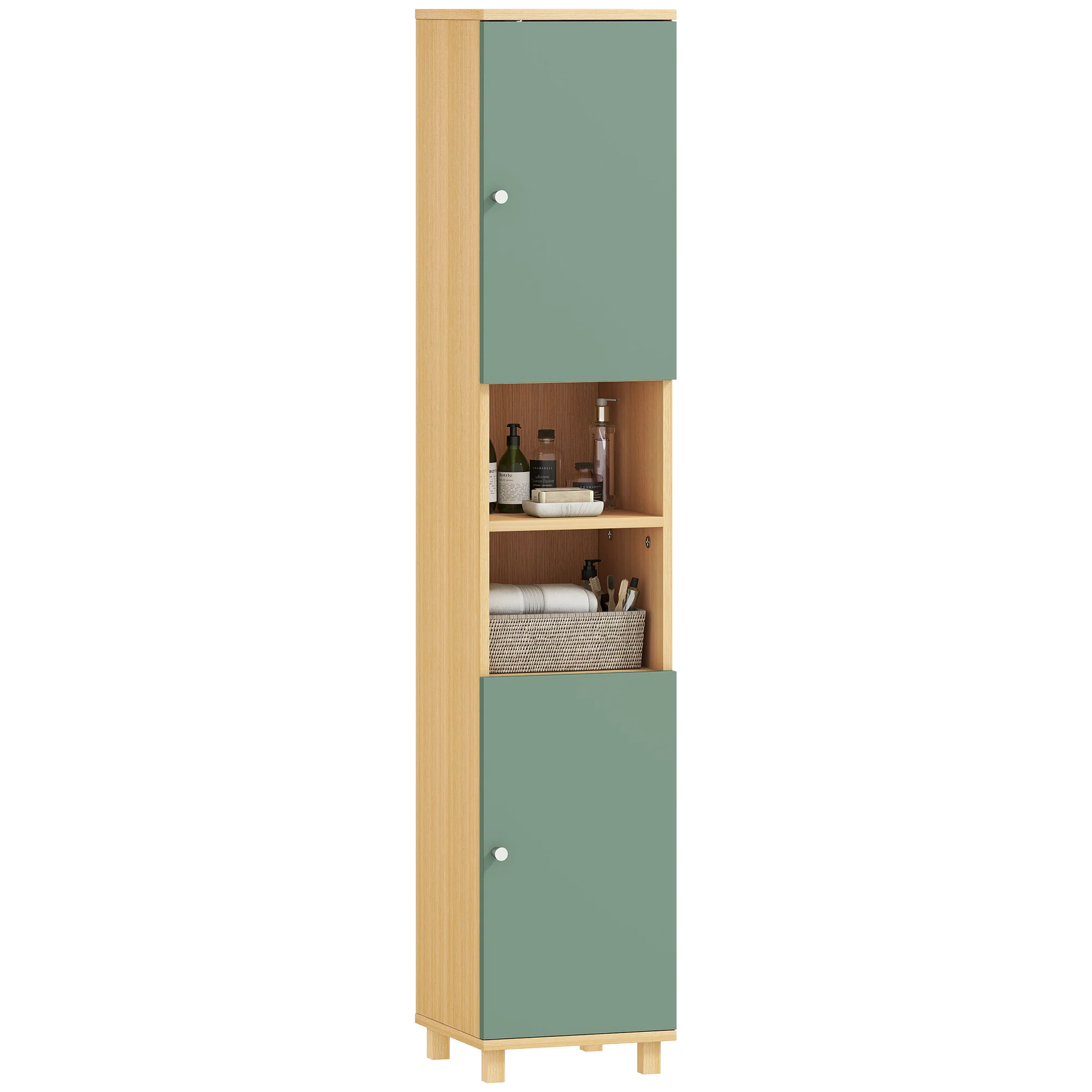 HOMCOM Tall Bathroom Cabinet with Adjustable Shelves and Open Shelves, Green