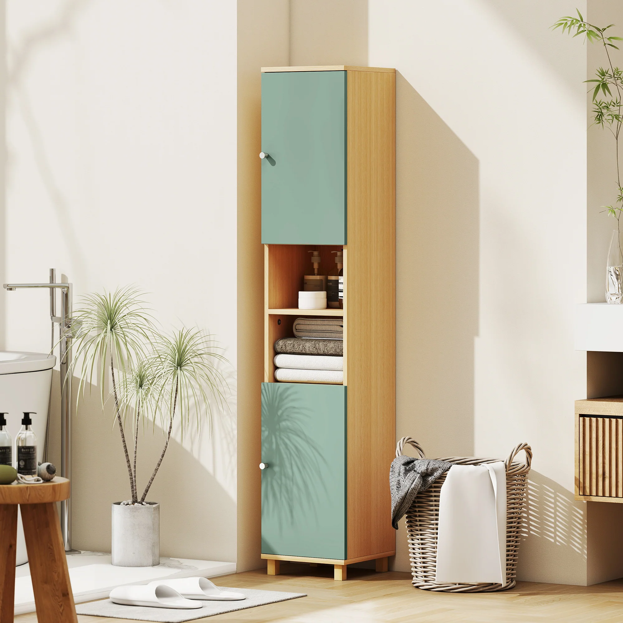 HOMCOM Tall Bathroom Cabinet with Adjustable Shelves and Open Shelves, Green - Image 2