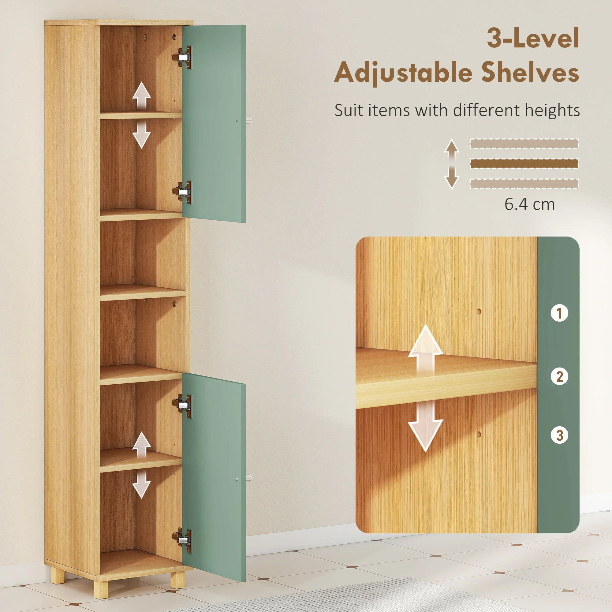 HOMCOM Tall Bathroom Cabinet with Adjustable Shelves and Open Shelves, Green - Image 4