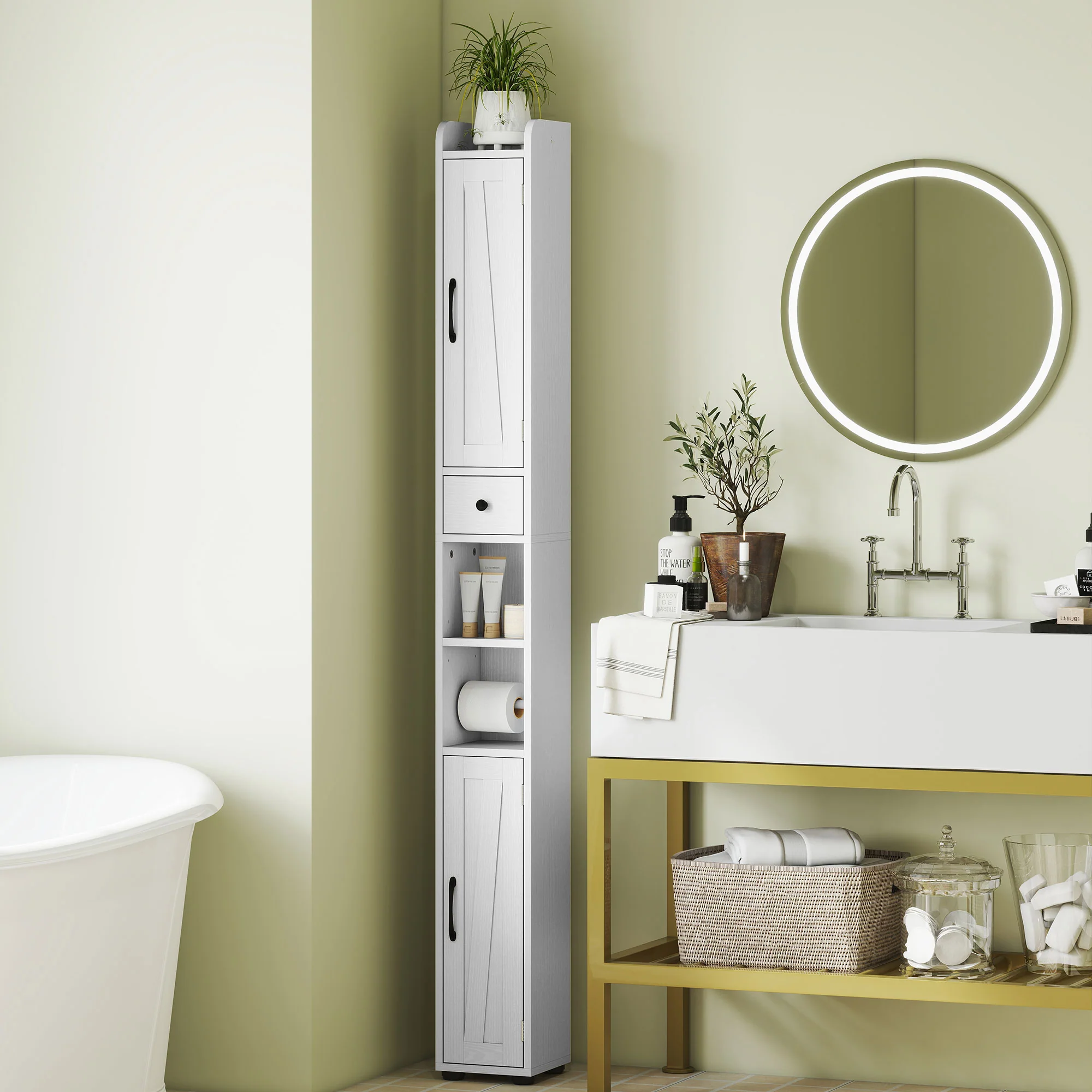 HOMCOM Tall Bathroom Storage Cabinet Slim Bathroom Cabinet with Drawer White - Image 2