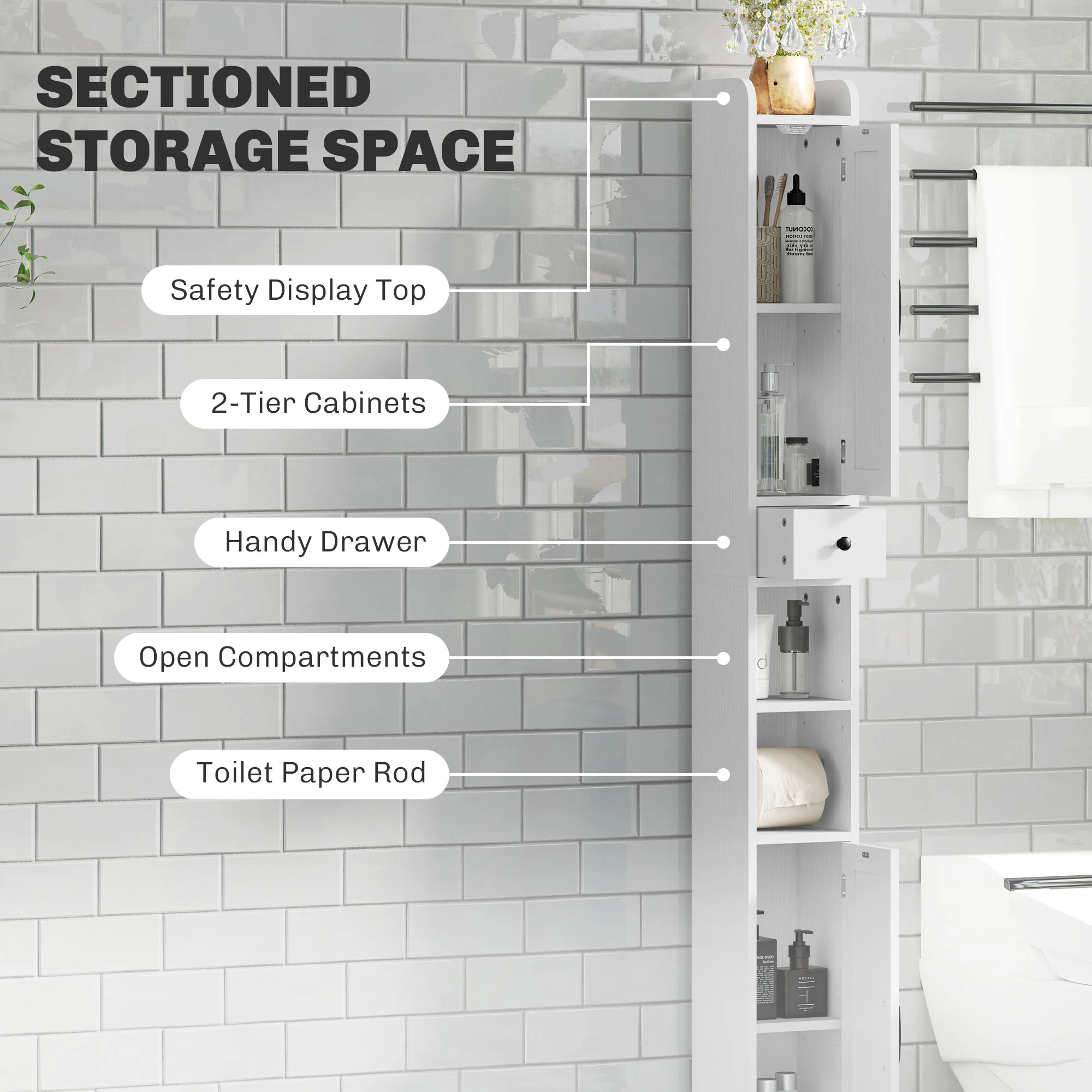 HOMCOM Tall Bathroom Storage Cabinet Slim Bathroom Cabinet with Drawer White - Image 3