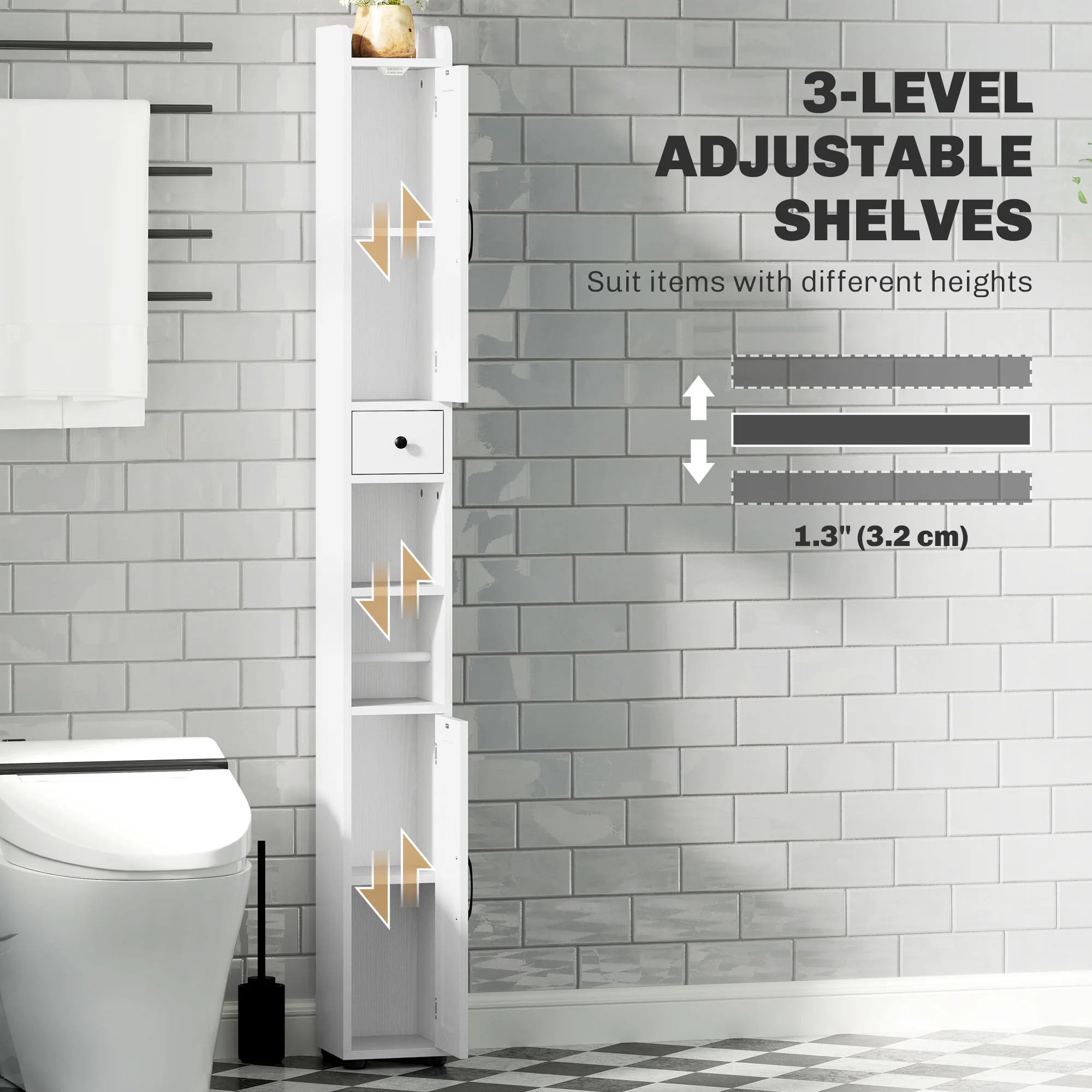 HOMCOM Tall Bathroom Storage Cabinet Slim Bathroom Cabinet with Drawer White - Image 4