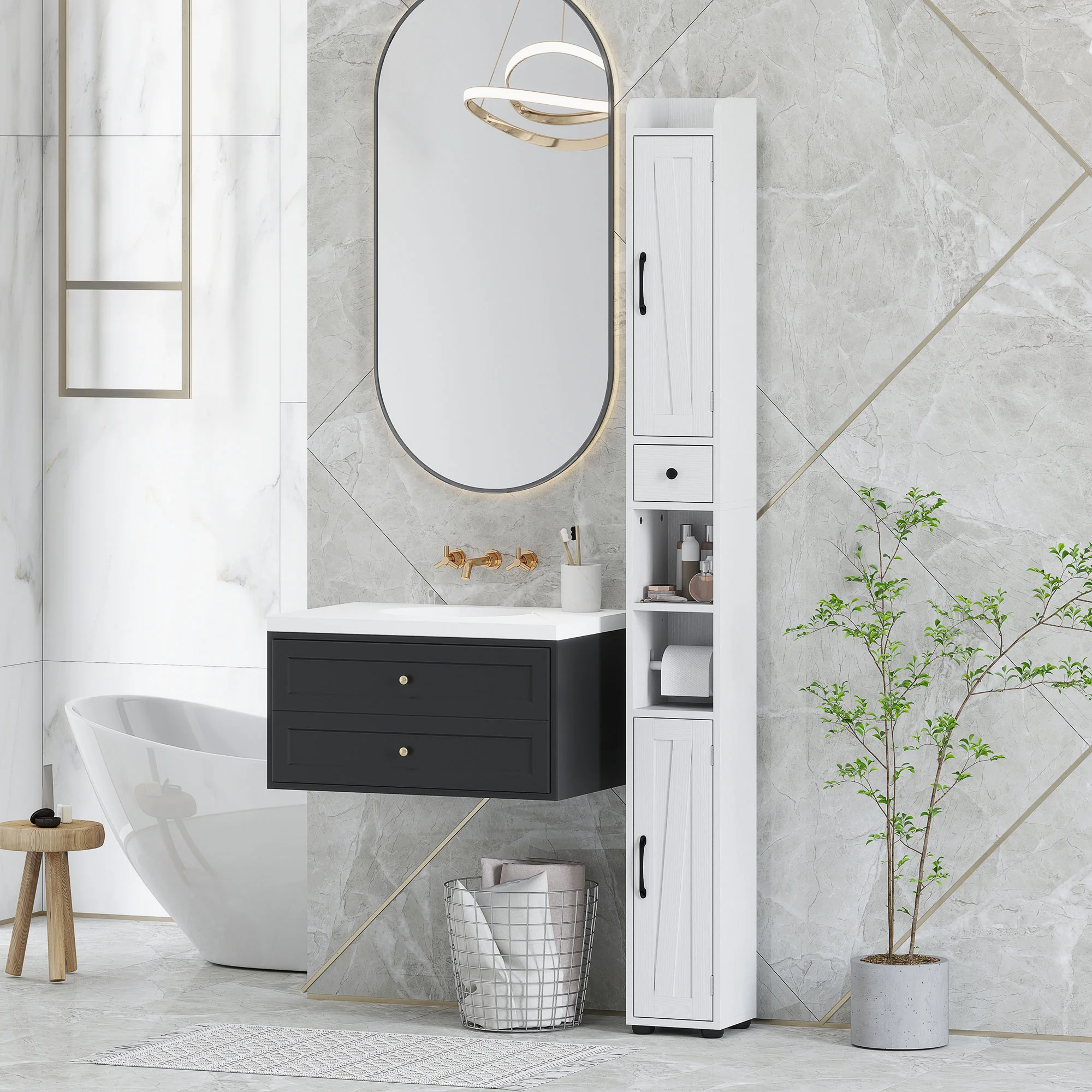 HOMCOM Tall Bathroom Storage Cabinet Slim Bathroom Cabinet with Drawer White - Image 8