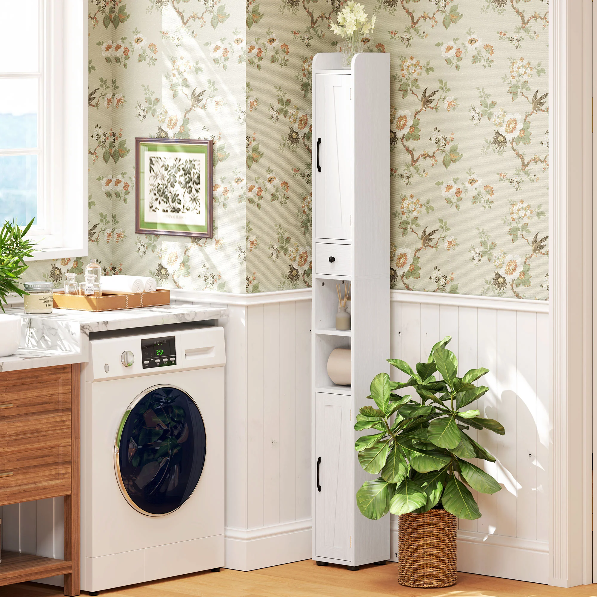 HOMCOM Tall Bathroom Storage Cabinet Slim Bathroom Cabinet with Drawer White - Image 9
