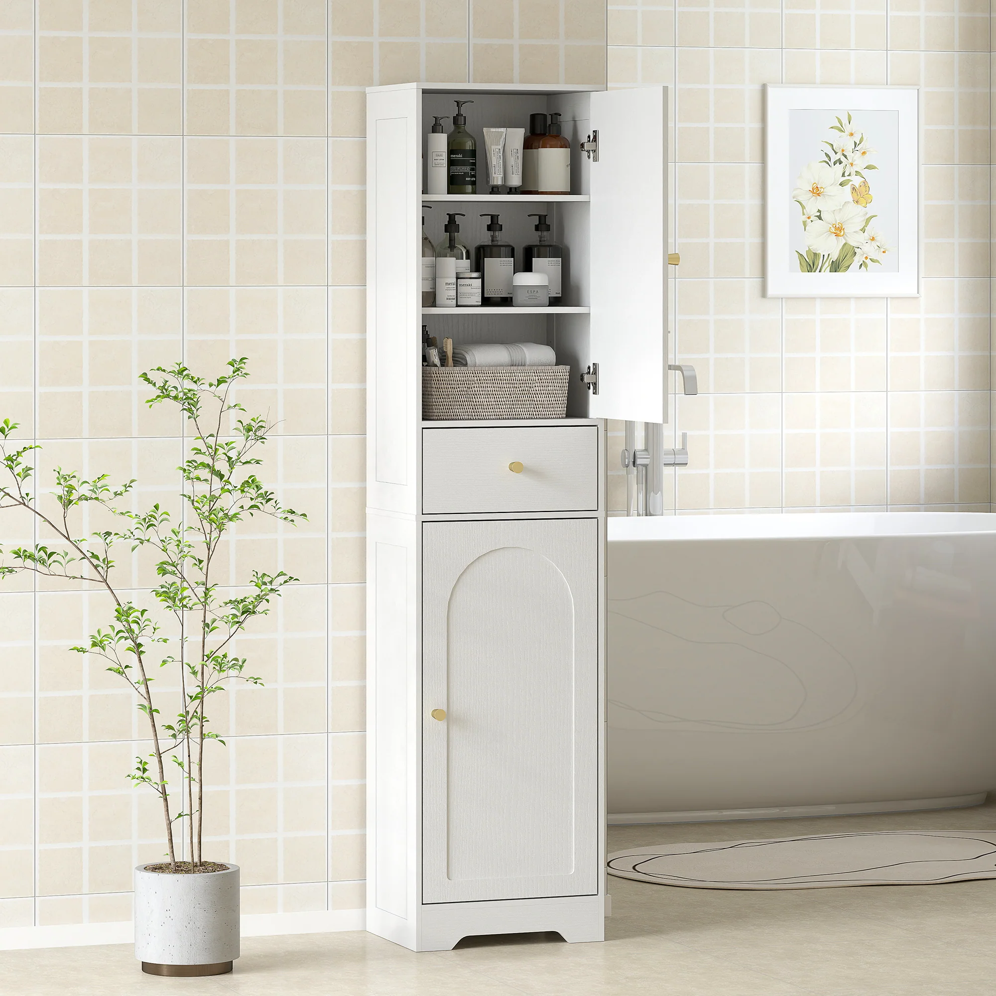 HOMCOM Tall Bathroom Storage Cabinet With Arch Doors Adjustable Shelf White - Image 2