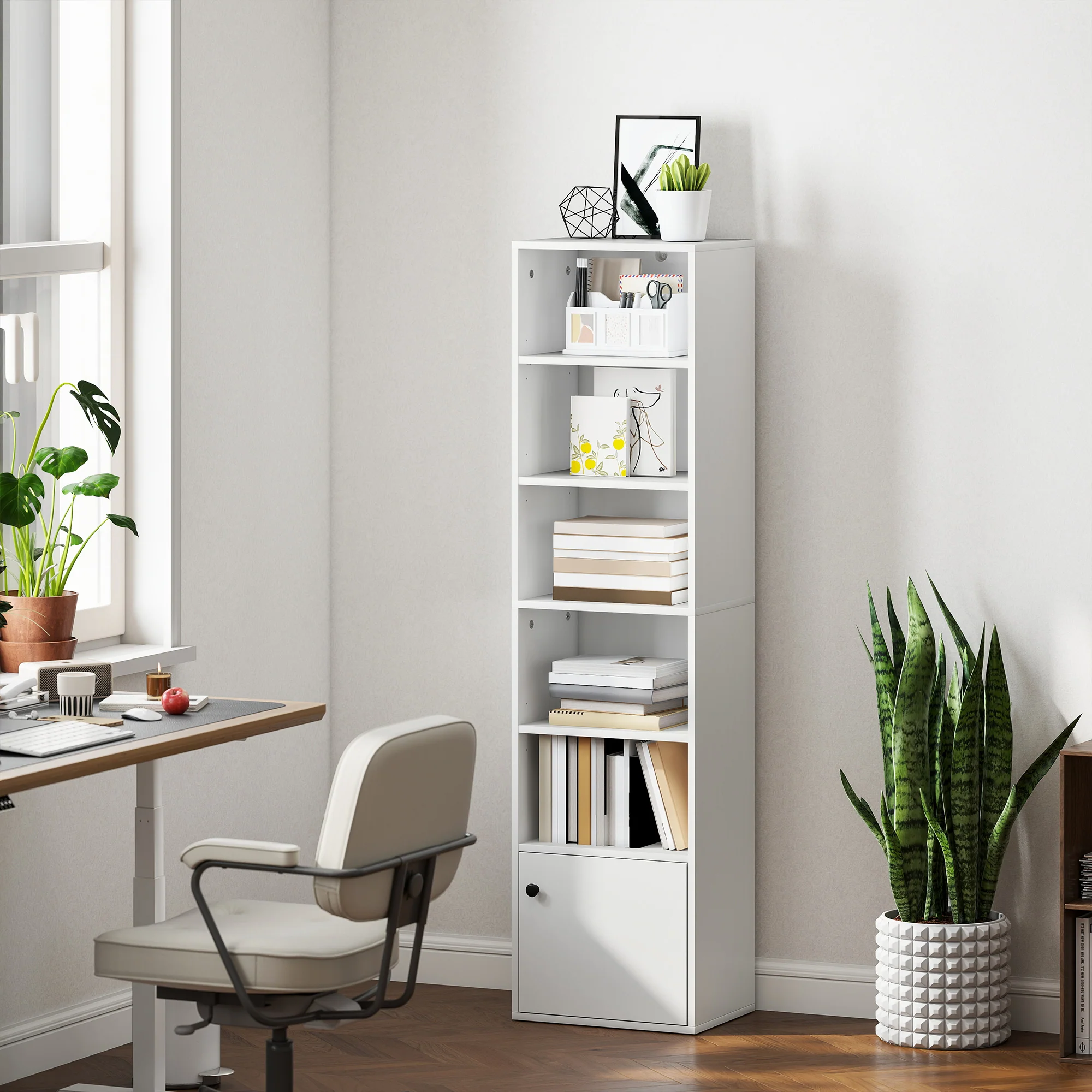 HOMCOM Tall Bookcase, 6-Tier Bookshelf with 3 Adjustable Shelves, White - Image 2