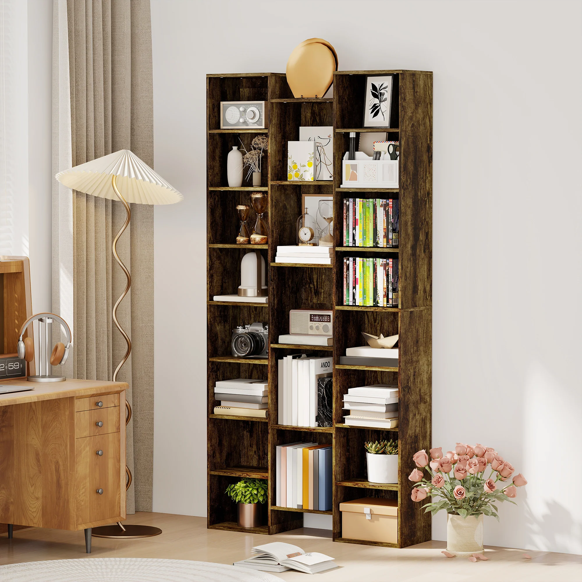 HOMCOM Tall Bookshelf with 21 Compartments and 10 Adjustable Shelves, Brown - Image 2