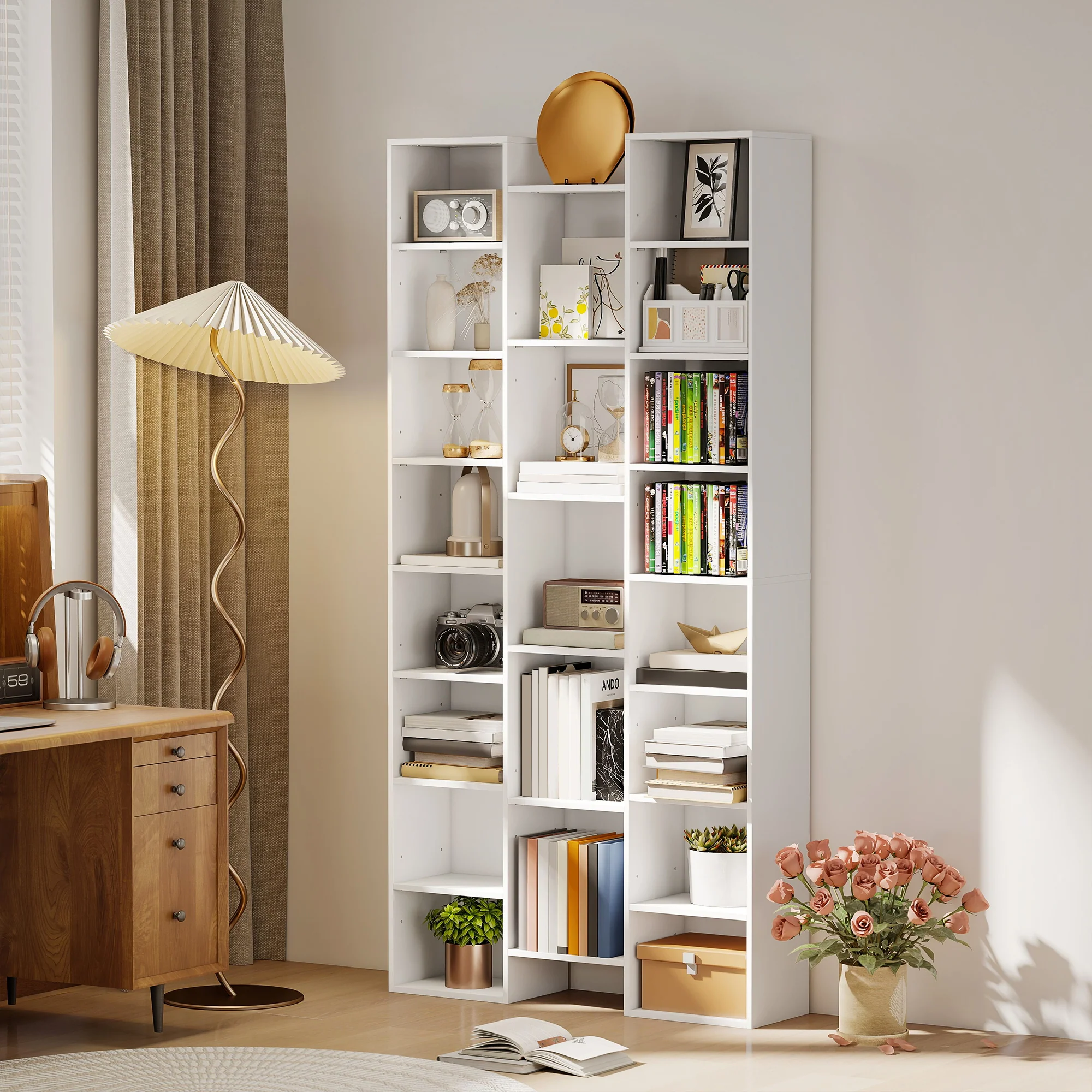 HOMCOM Tall Bookshelf with 21 Compartments and 10 Adjustable Shelves, White - Image 2