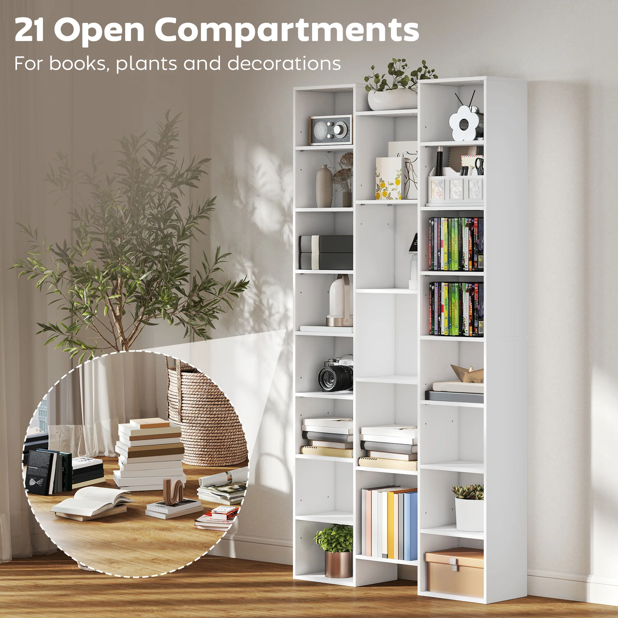 HOMCOM Tall Bookshelf with 21 Compartments and 10 Adjustable Shelves, White - Image 3
