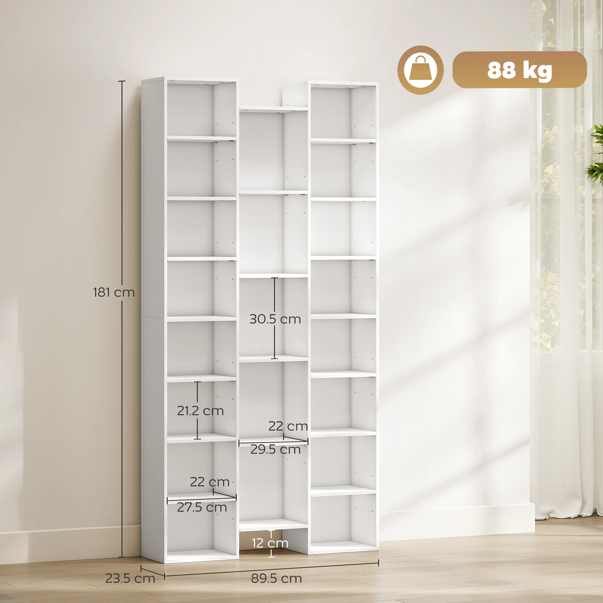 HOMCOM Tall Bookshelf with 21 Compartments and 10 Adjustable Shelves, White - Image 5