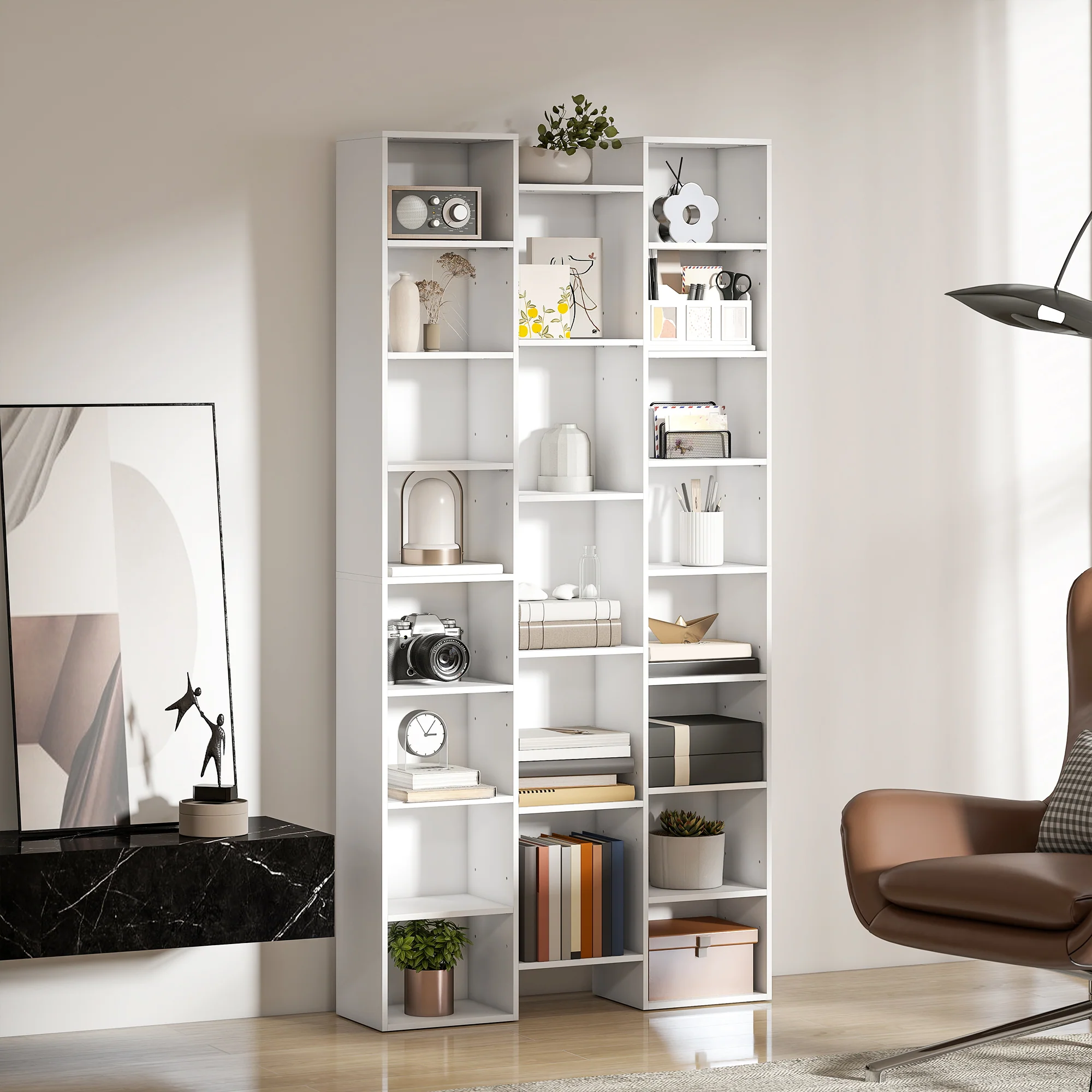 HOMCOM Tall Bookshelf with 21 Compartments and 10 Adjustable Shelves, White - Image 8
