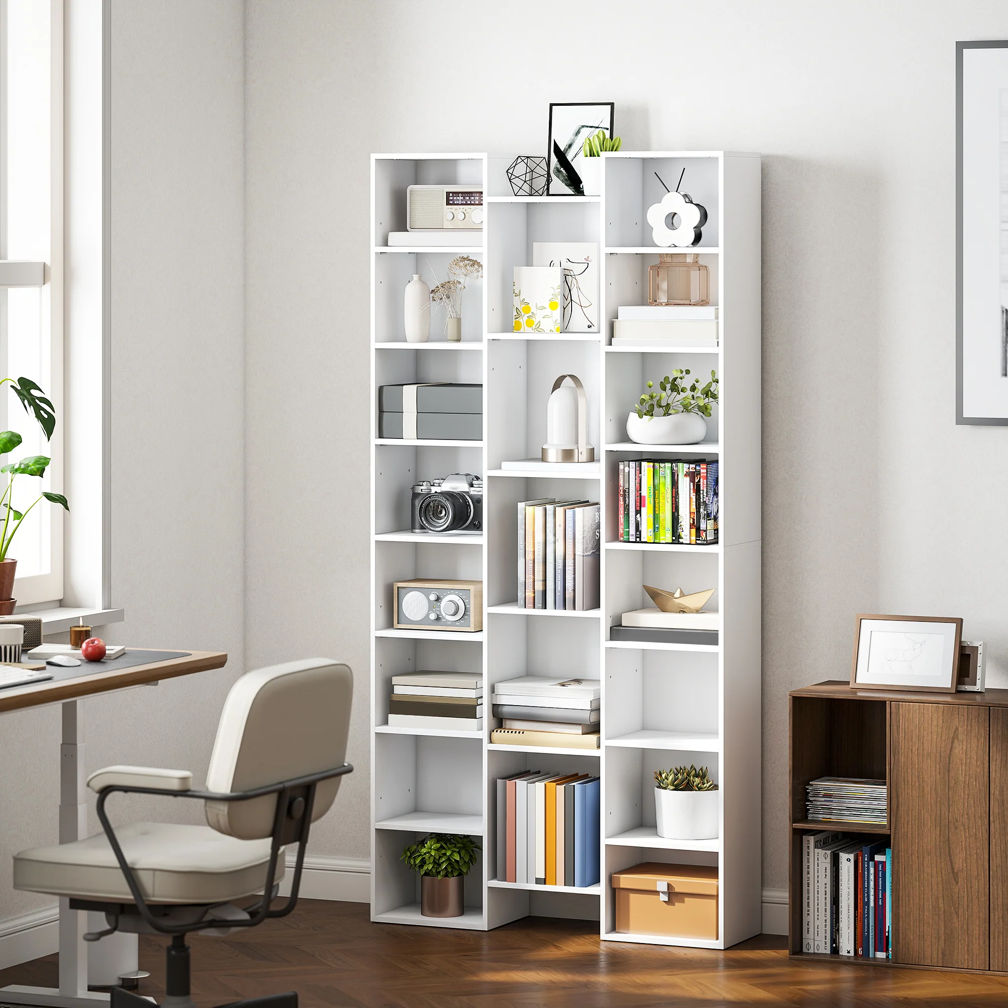 HOMCOM Tall Bookshelf with 21 Compartments and 10 Adjustable Shelves, White - Image 9