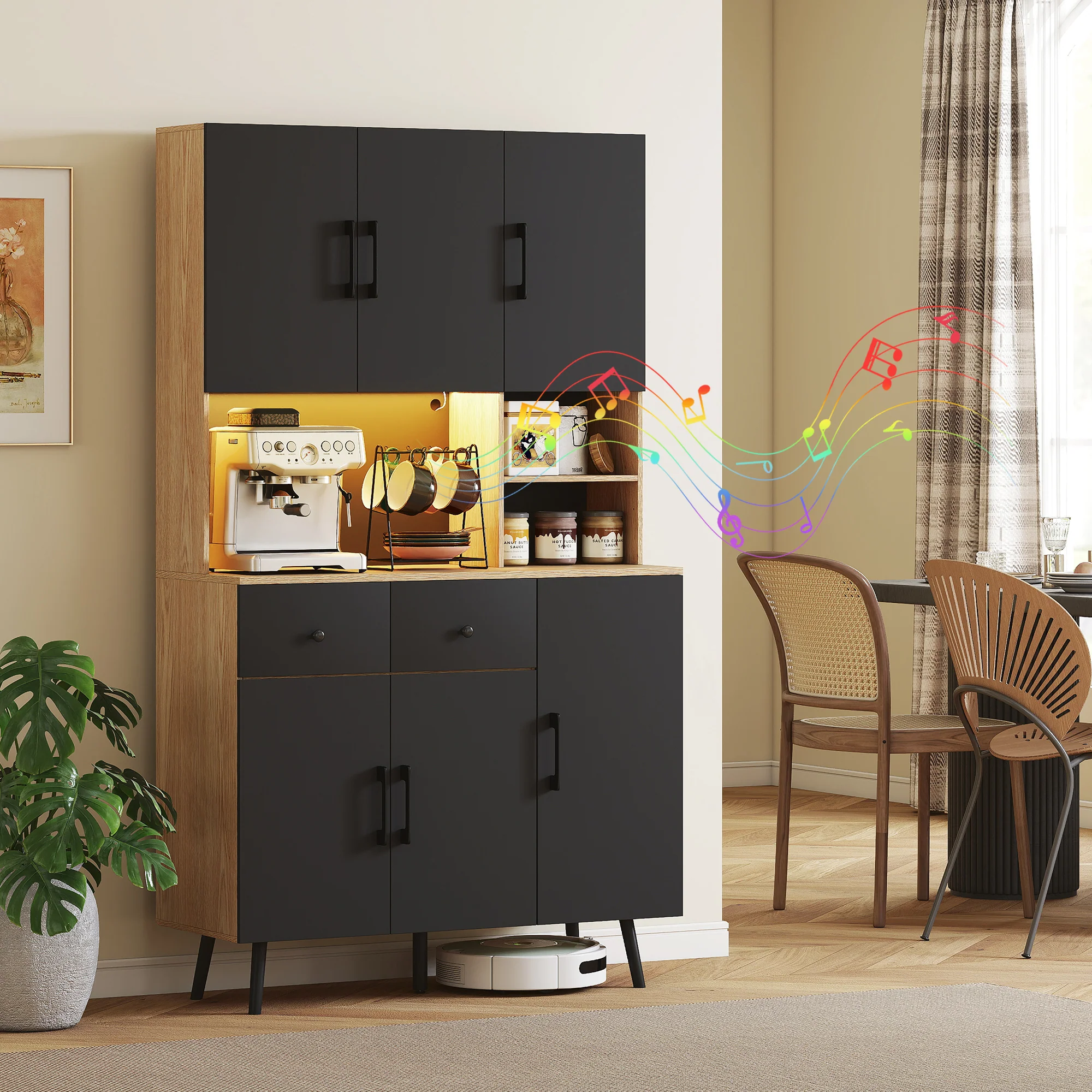 HOMCOM Tall Kitchen Cupboard With LED Lights And Adjustable Shelves, Oak And Black - Image 2