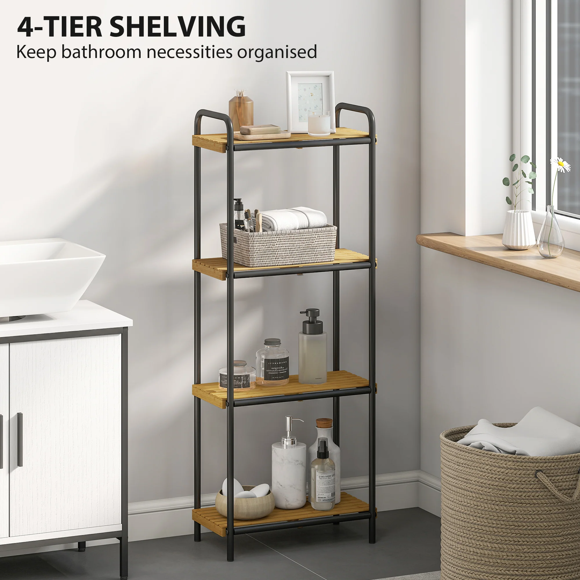 HOMCOM Tier Bamboo Bathroom Shelf, Freestanding Shelving Unit - Image 12