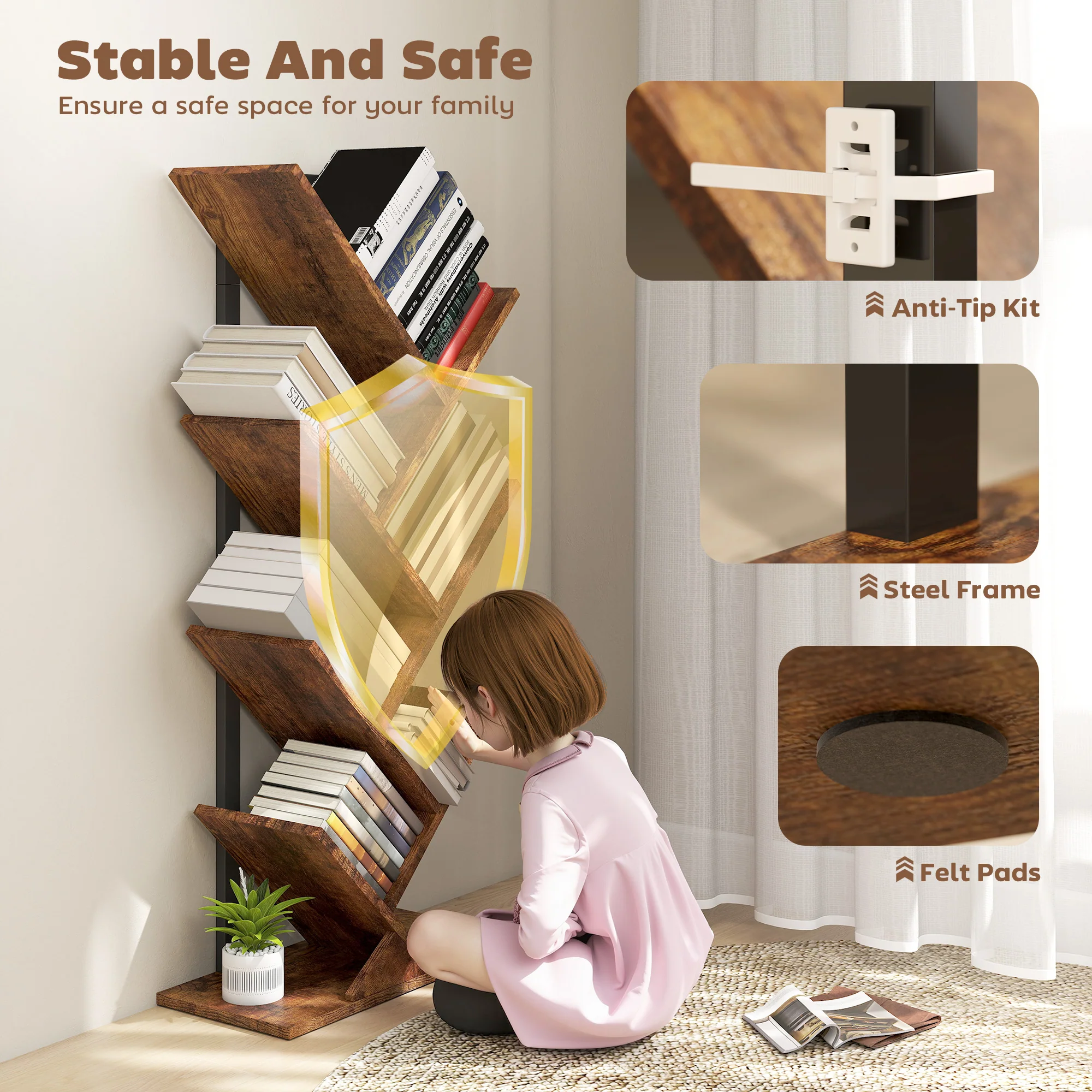 HOMCOM Tier Tree Bookshelf With Steel Frame For Living Room - Image 13