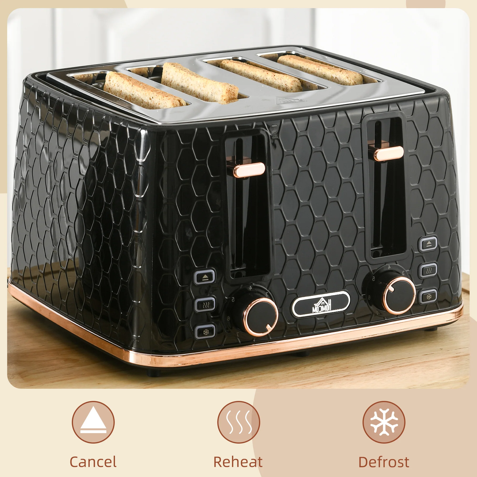 HOMCOM Toaster with 4 Slot, 7 Browning Levels, 1600W, Honeycomb - Image 3