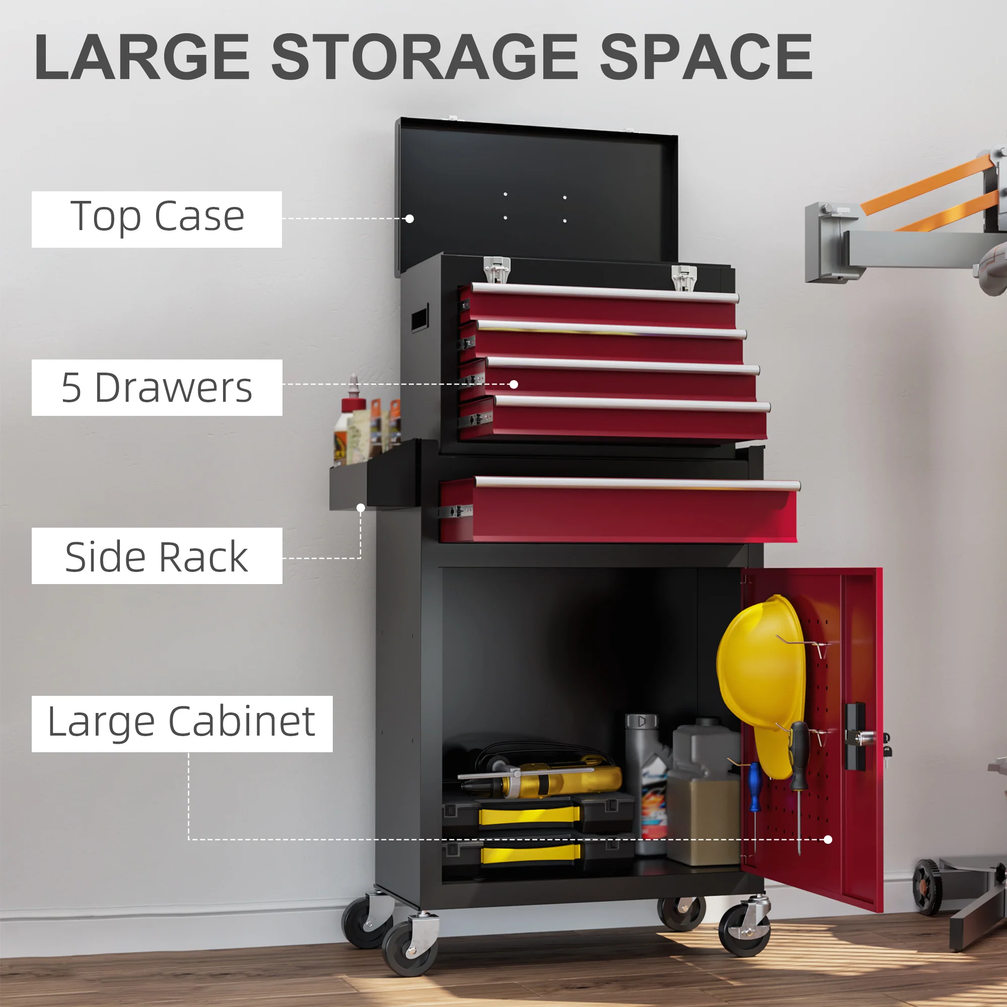 HOMCOM Tool Cabinet on Wheels with 5 Drawers Top Tool Chest Roller Cabinet Combo - Image 3