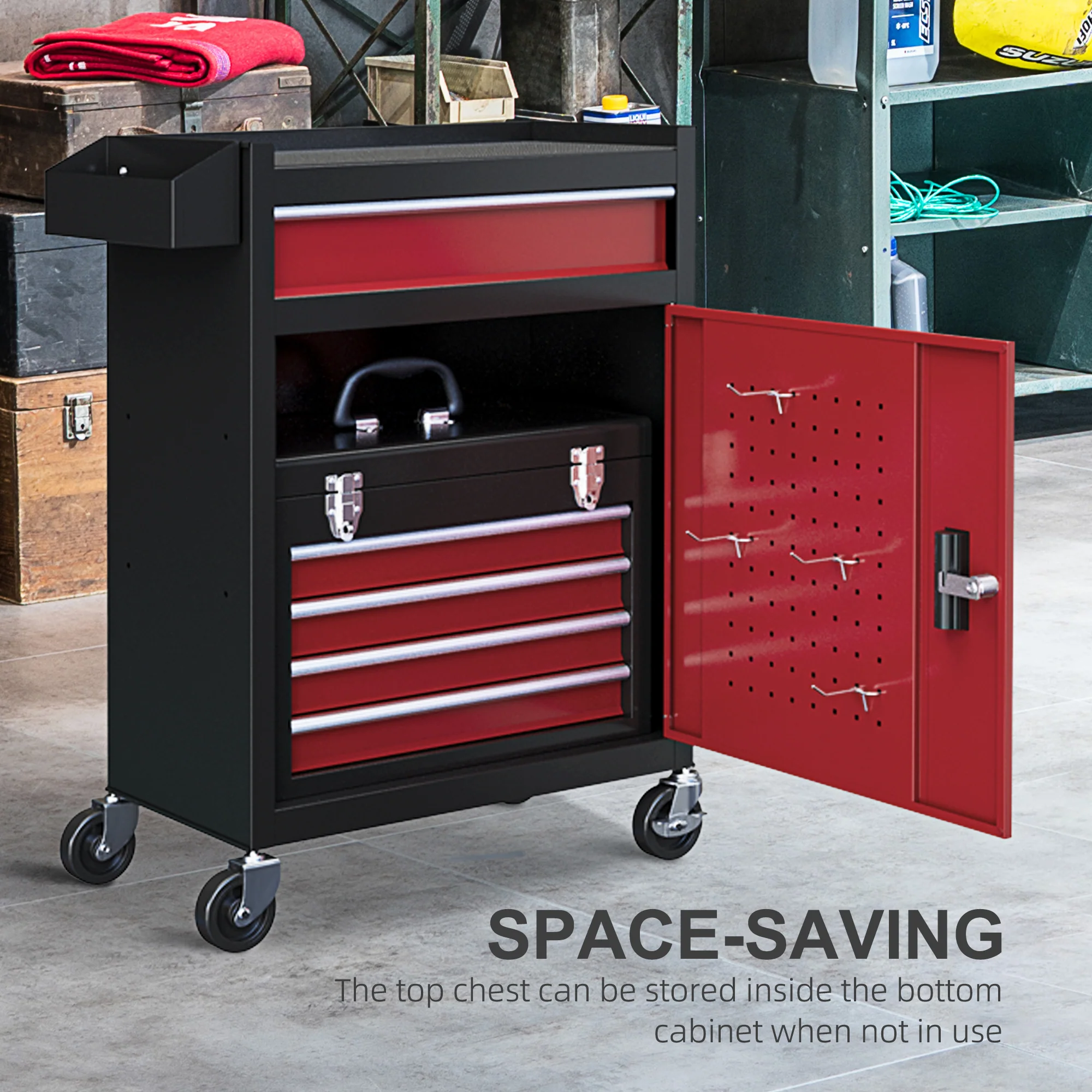 HOMCOM Tool Cabinet on Wheels with 5 Drawers Top Tool Chest Roller Cabinet Combo - Image 4