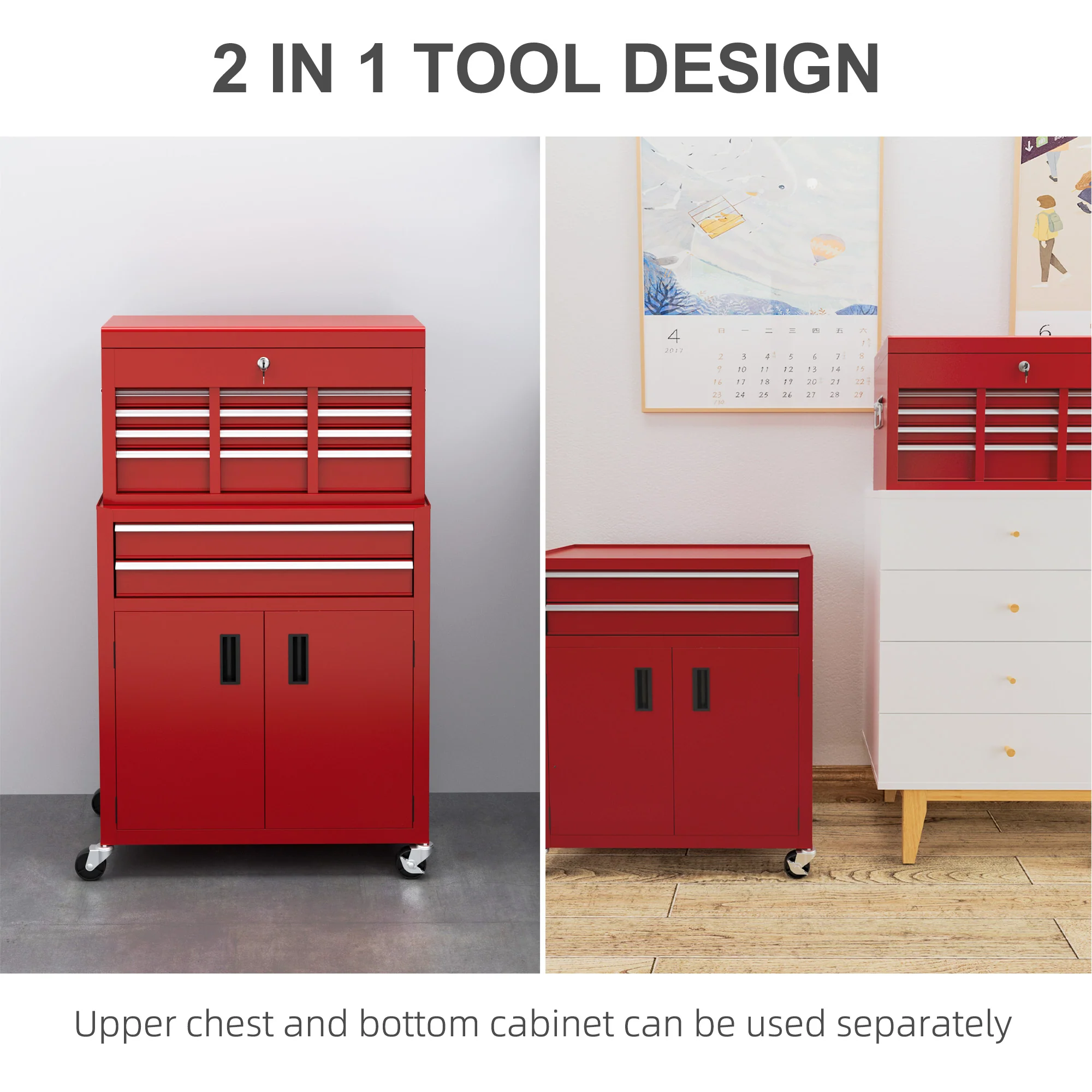HOMCOM Top Chest And Roller Cabinet Combo Metal Tool Cabinet On Wheels - Black/Blue/Red - Image 3