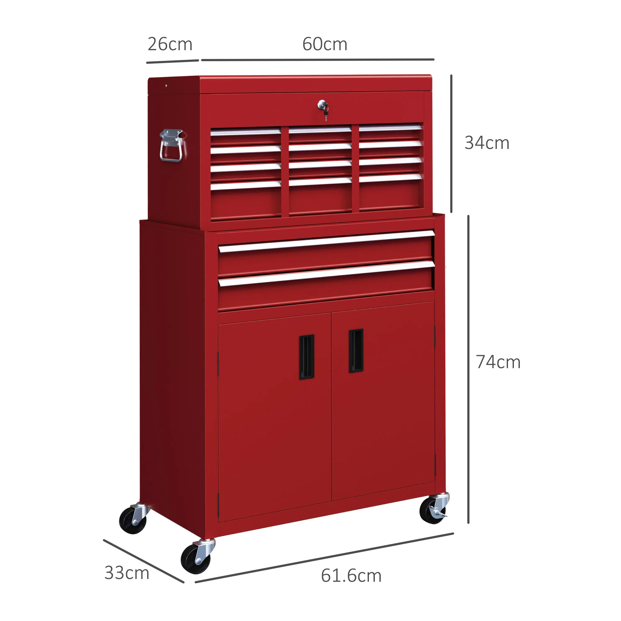 HOMCOM Top Chest And Roller Cabinet Combo Metal Tool Cabinet On Wheels - Black/Blue/Red - Image 5