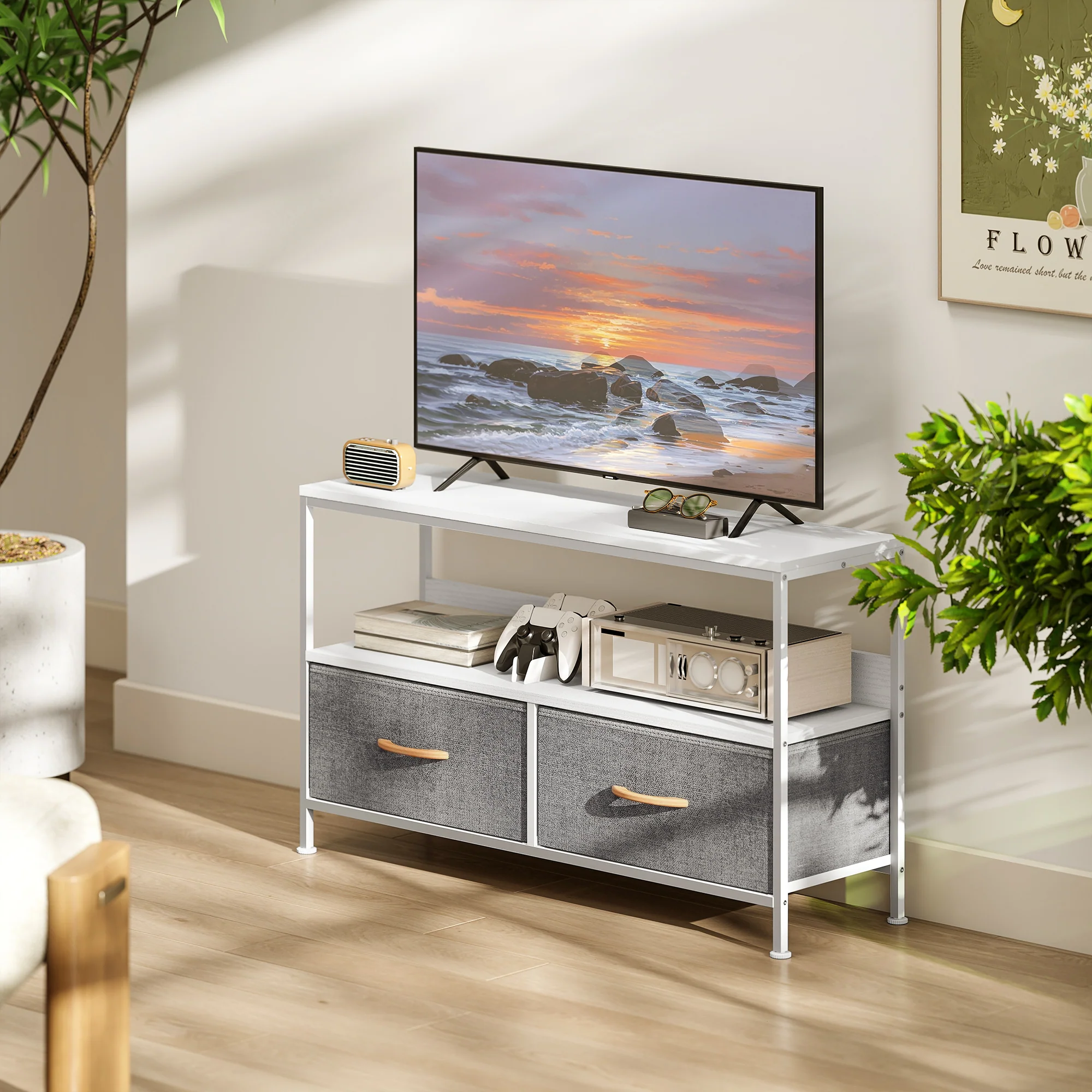 HOMCOM TV Cabinet, TV Console Unit With 2 Foldable Linen Drawers - Image 16