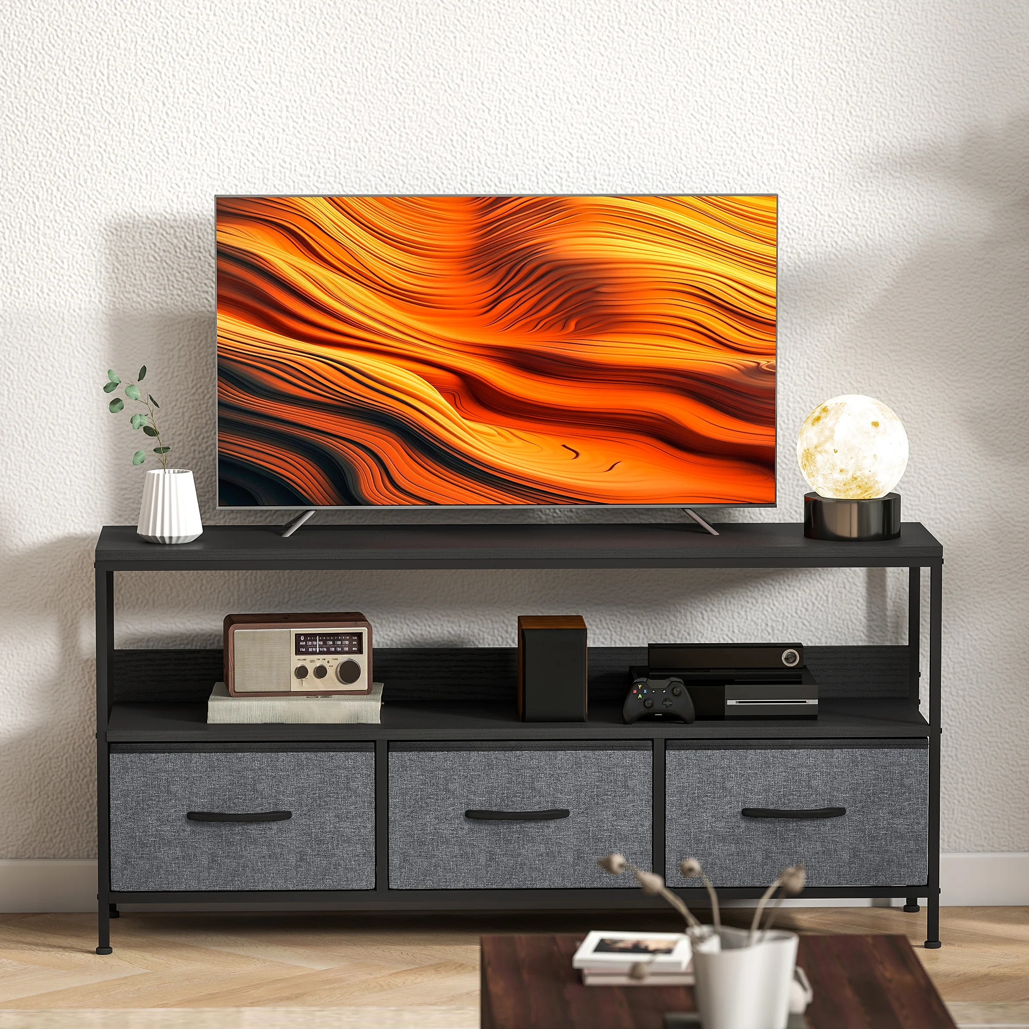 HOMCOM TV Cabinet, TV Console Unit With 3 Foldable Linen Drawers - Image 9