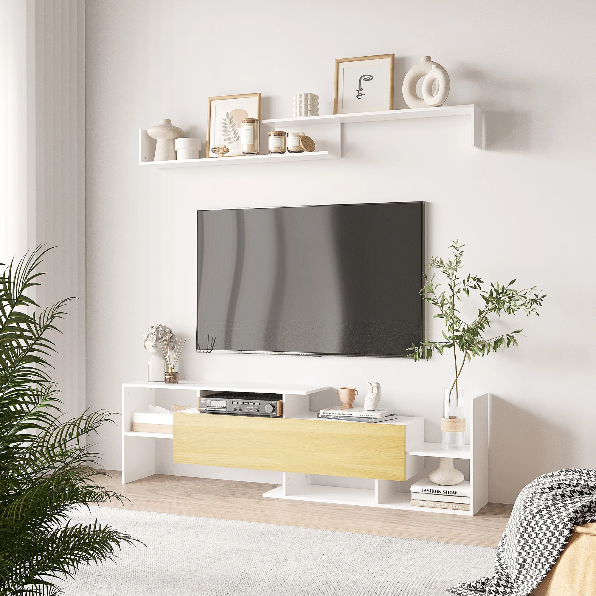 HOMCOM TV Cabinet Unit w/ Wall-Mounted Shelf, Open Shelves White and Natural - Image 2