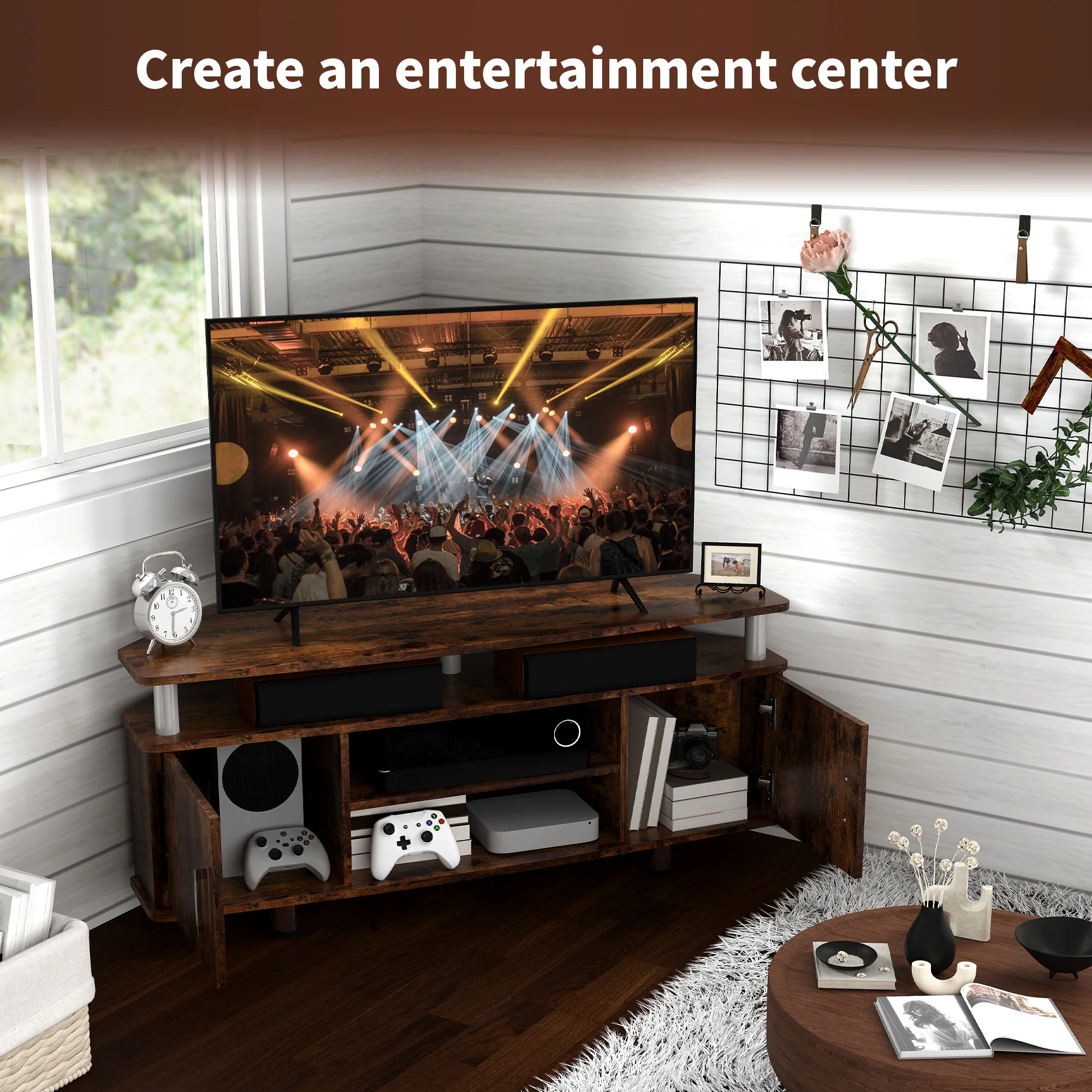 HOMCOM TV Unit Cabinet With Storage Shelves Entertainment Center Rustic Brown - Image 7