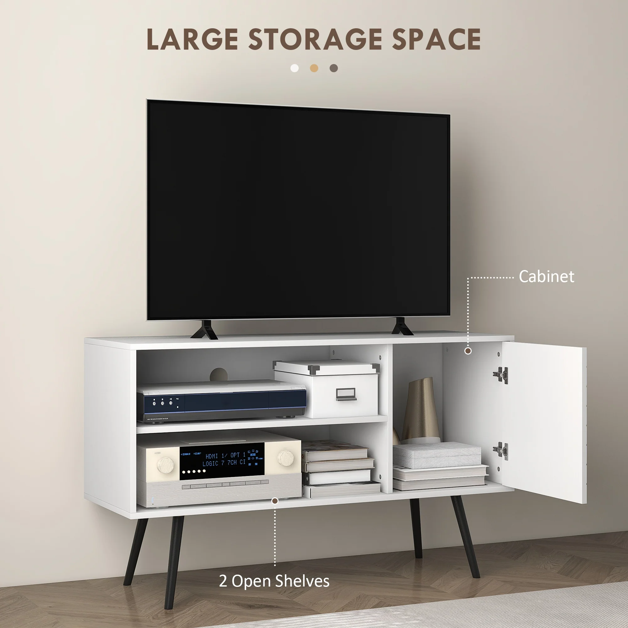 HOMCOM TV Unit For 50 Inch TVs With 2 Open Shelves, Door And 2 Cable Holes, White - Image 3