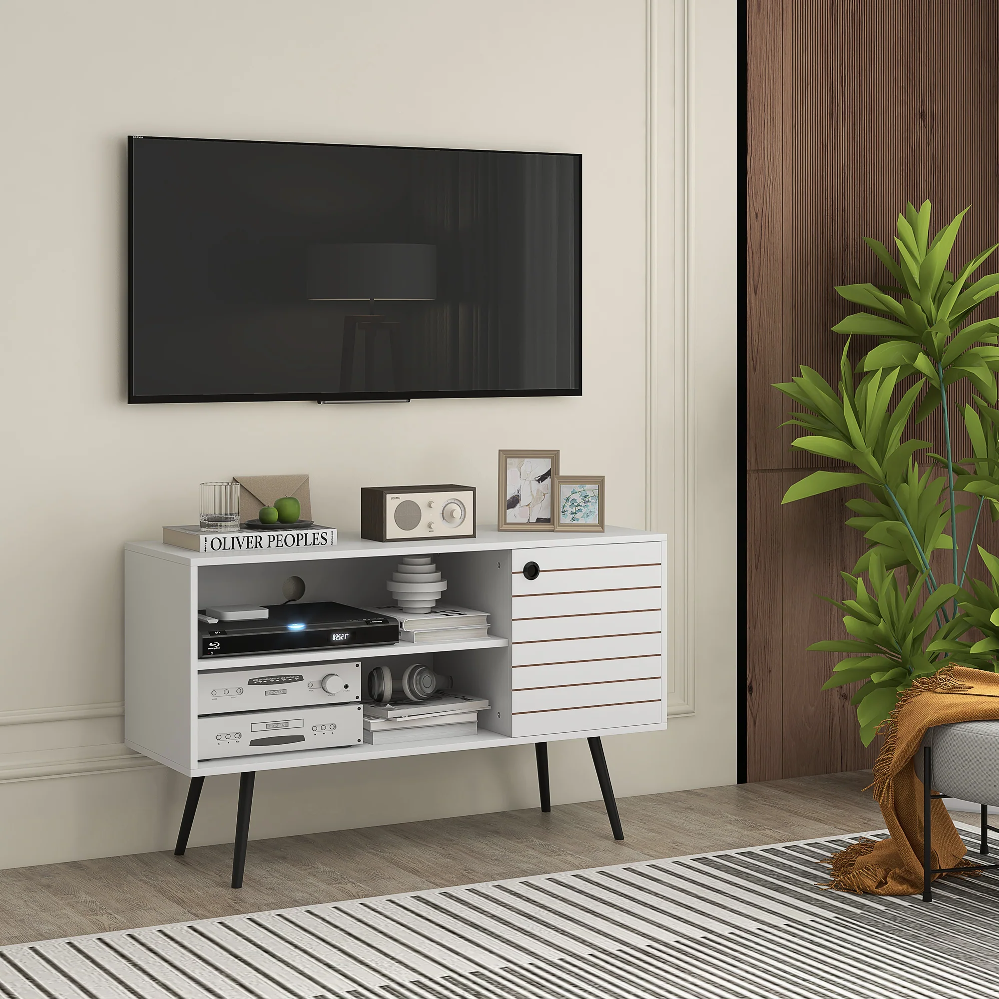 HOMCOM TV Unit For 50 Inch TVs With 2 Open Shelves, Door And 2 Cable Holes, White - Image 7
