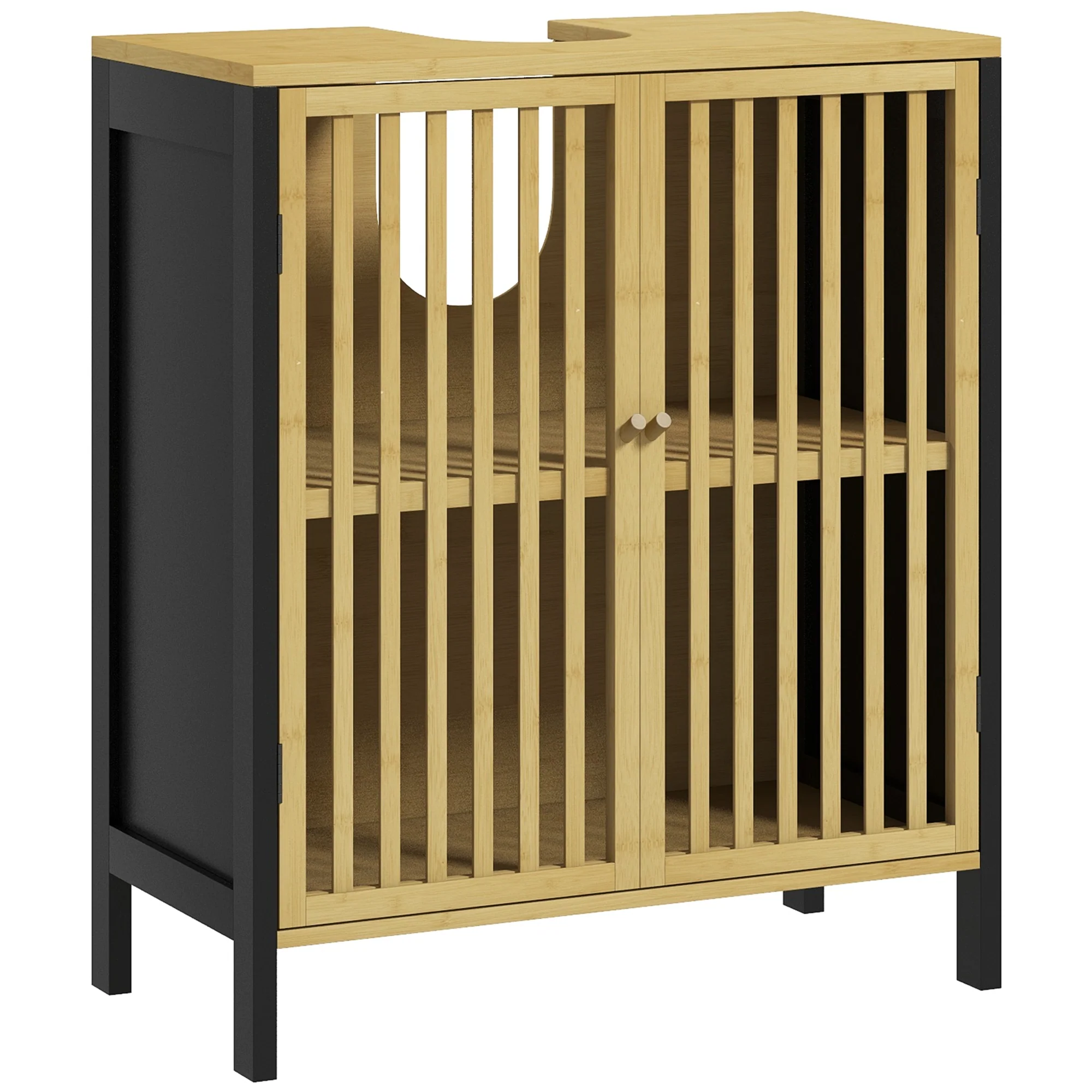 HOMCOM Under Sink Bathroom Cabinet, Bamboo Sink Storage Cabinet Slat Doors - Image 2