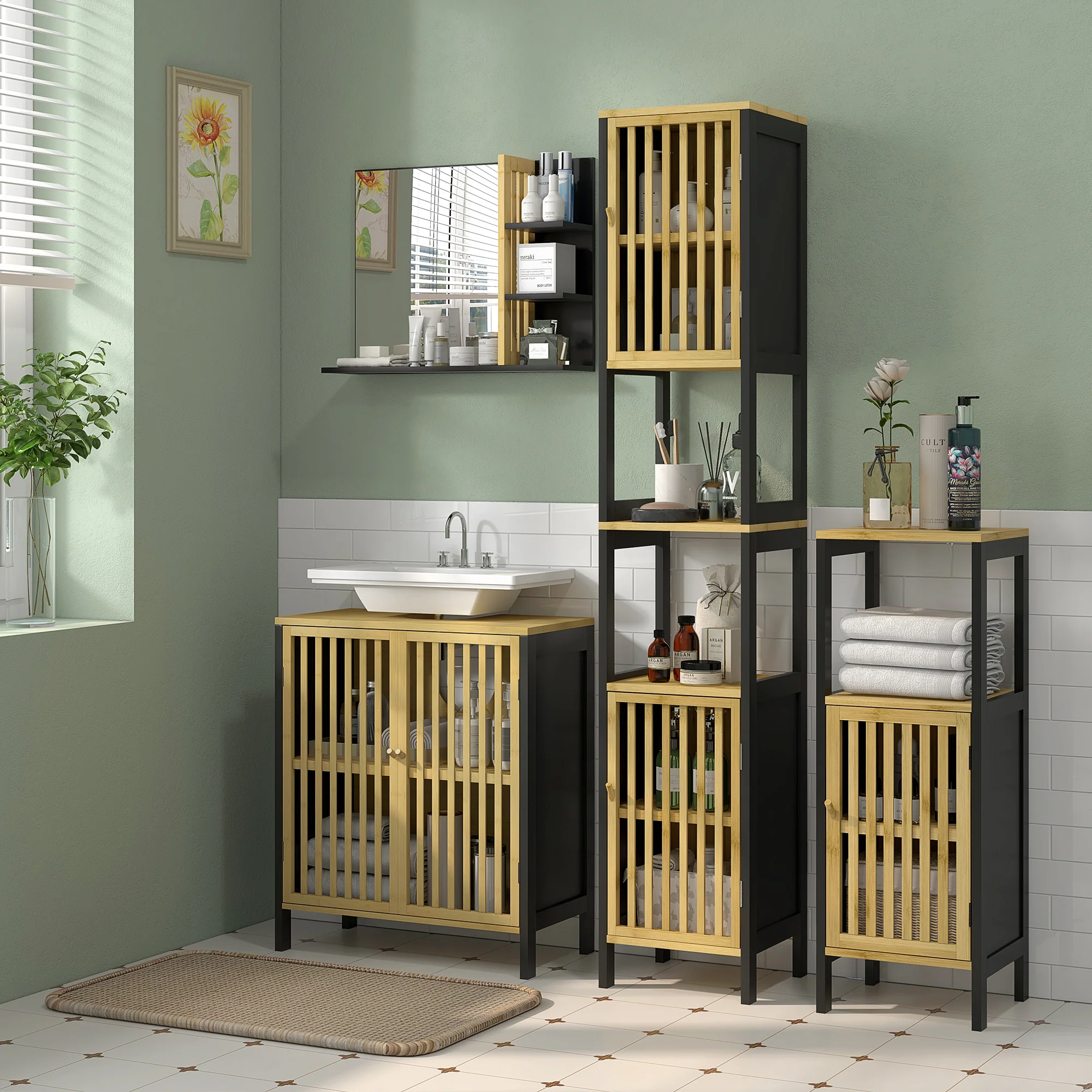 HOMCOM Under Sink Bathroom Cabinet, Bamboo Sink Storage Cabinet Slat Doors - Image 3