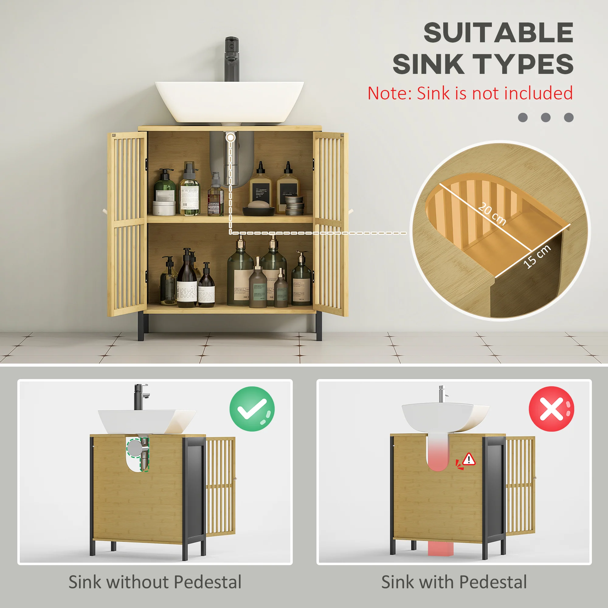 HOMCOM Under Sink Bathroom Cabinet, Bamboo Sink Storage Cabinet Slat Doors - Image 4