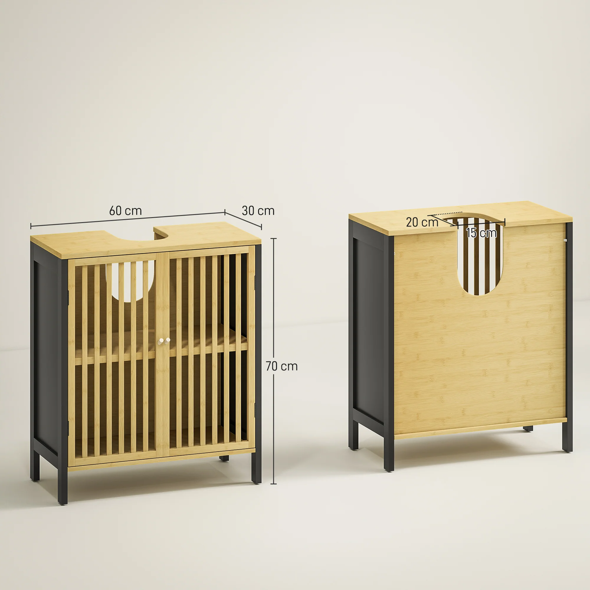 HOMCOM Under Sink Bathroom Cabinet, Bamboo Sink Storage Cabinet Slat Doors - Image 6
