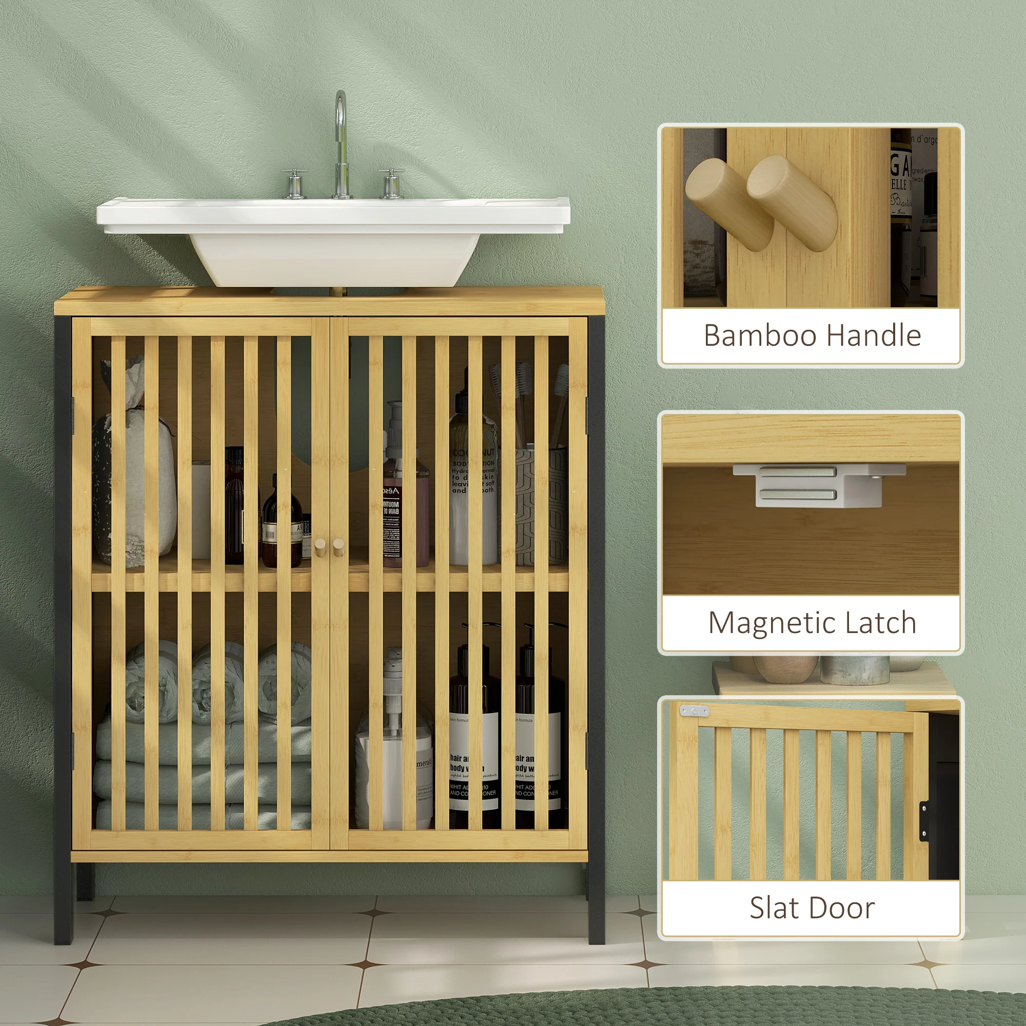 HOMCOM Under Sink Bathroom Cabinet, Bamboo Sink Storage Cabinet Slat Doors - Image 8